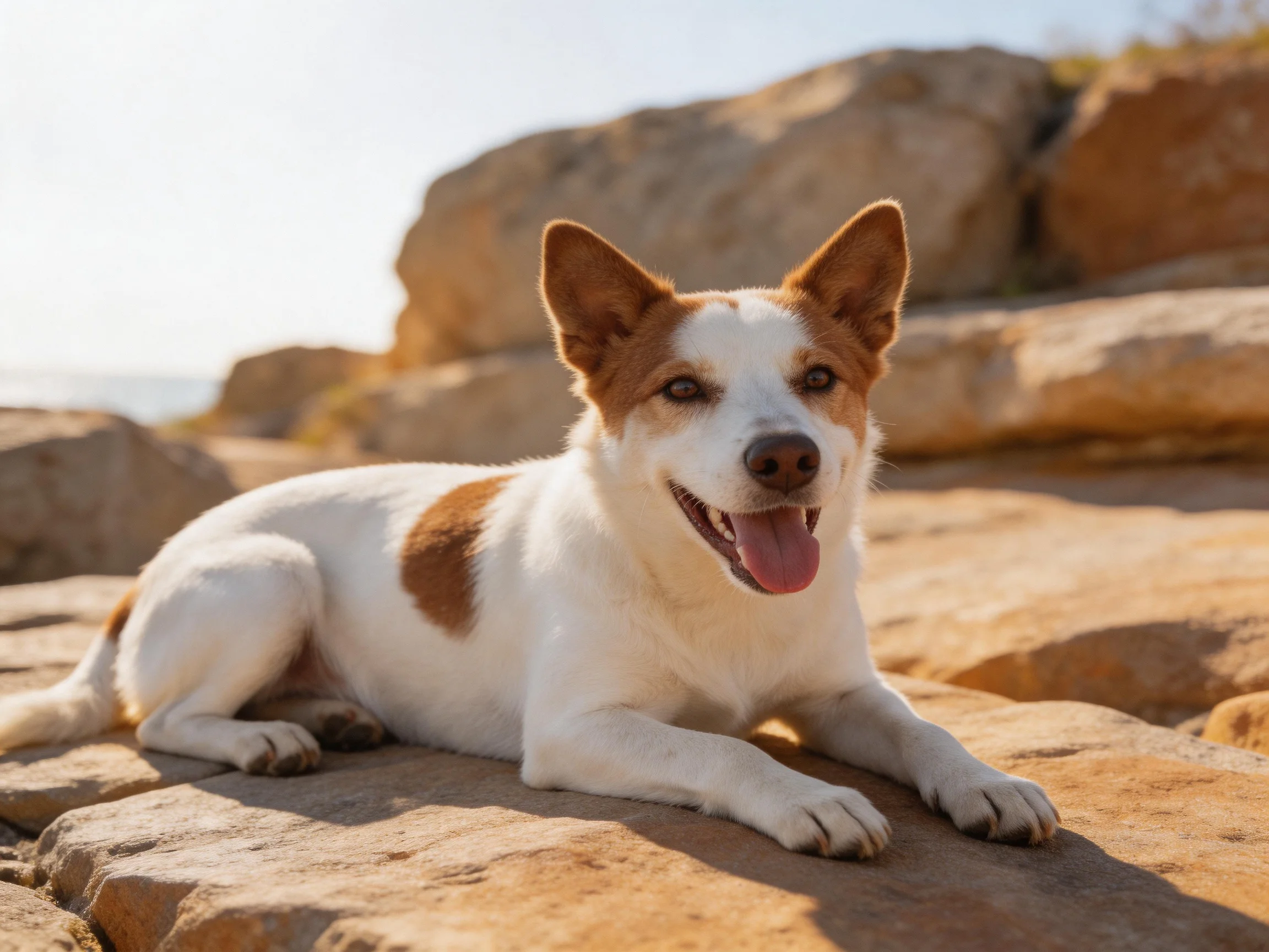 A content dog relaxes on rocks in a sunny outdoor area.