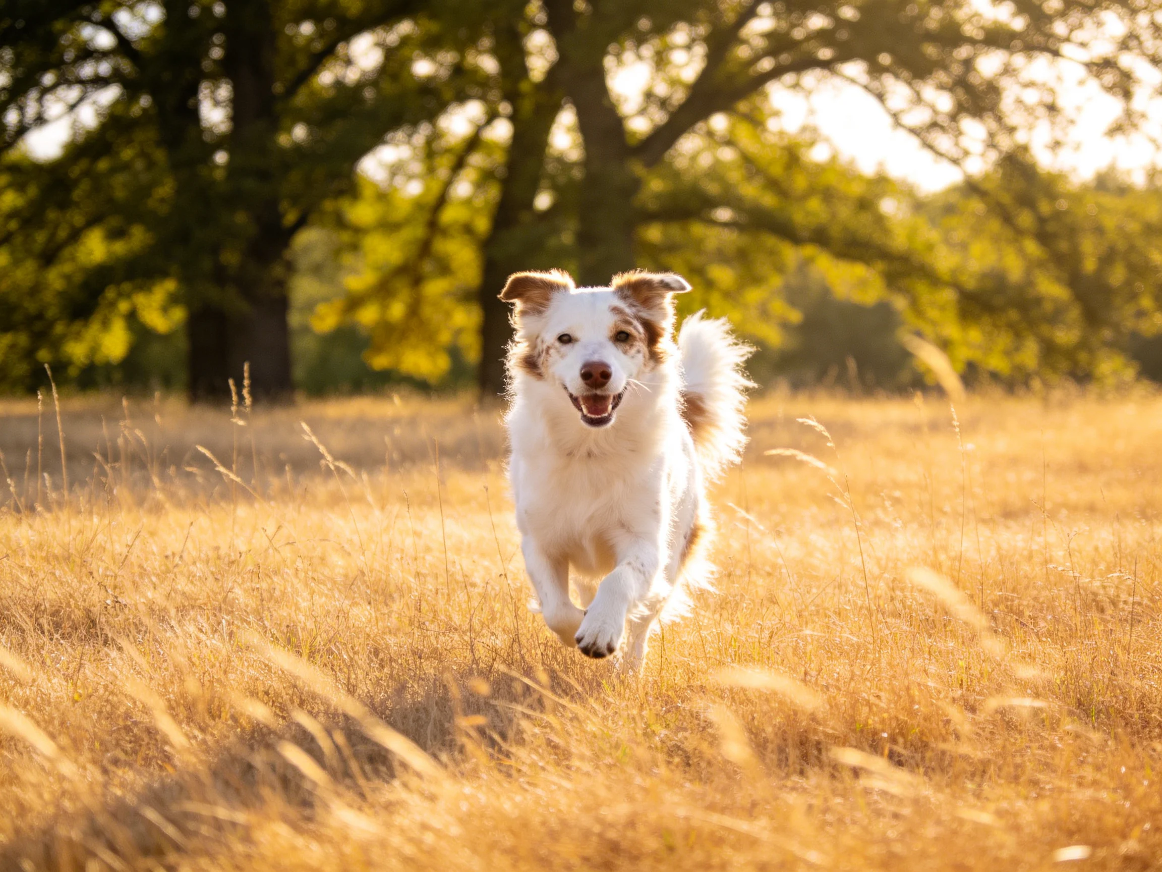 A white and brown dog runs through a golden field near large trees