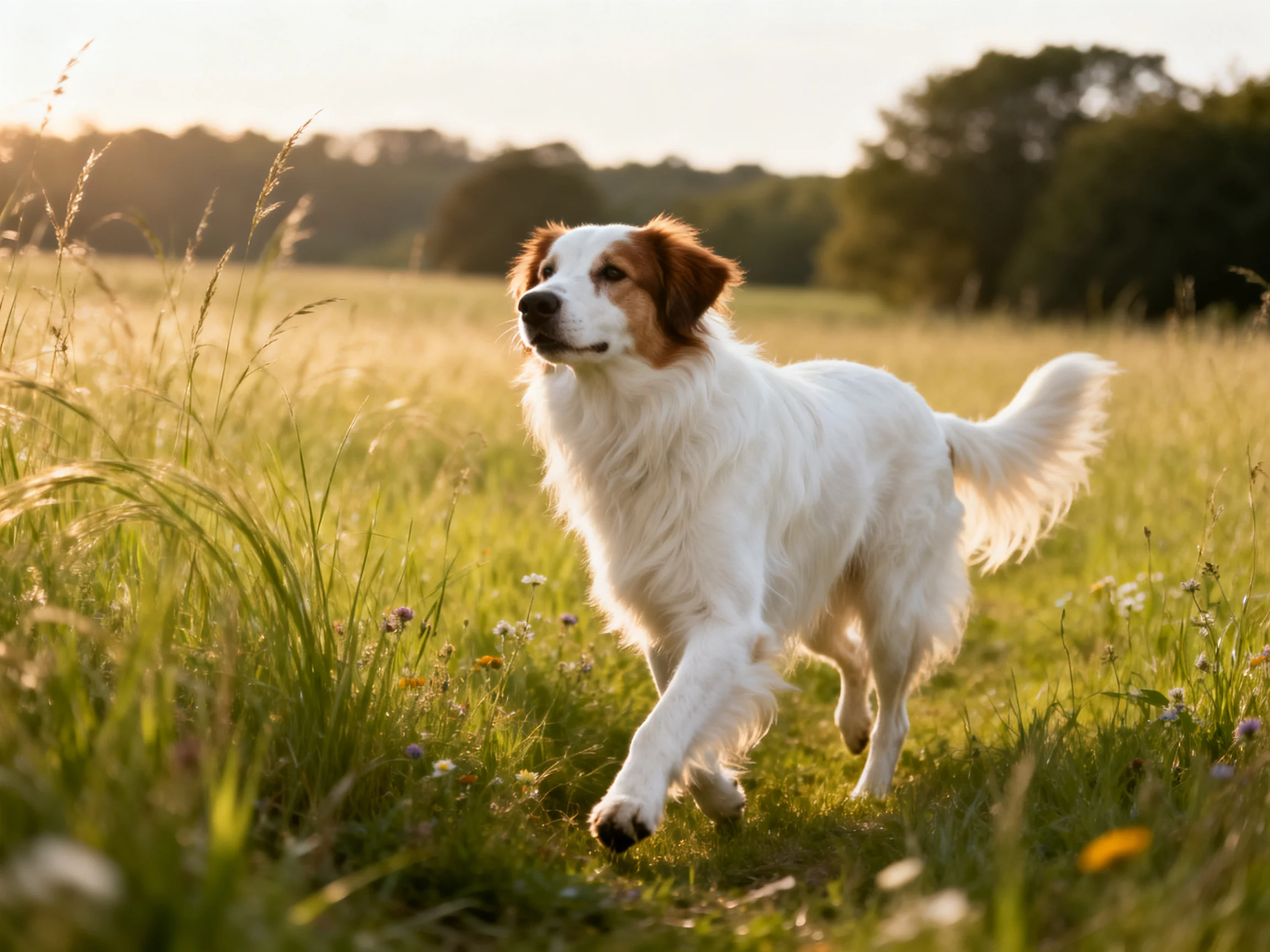 A white and brown dog runs through a sunlit meadow with tall grass