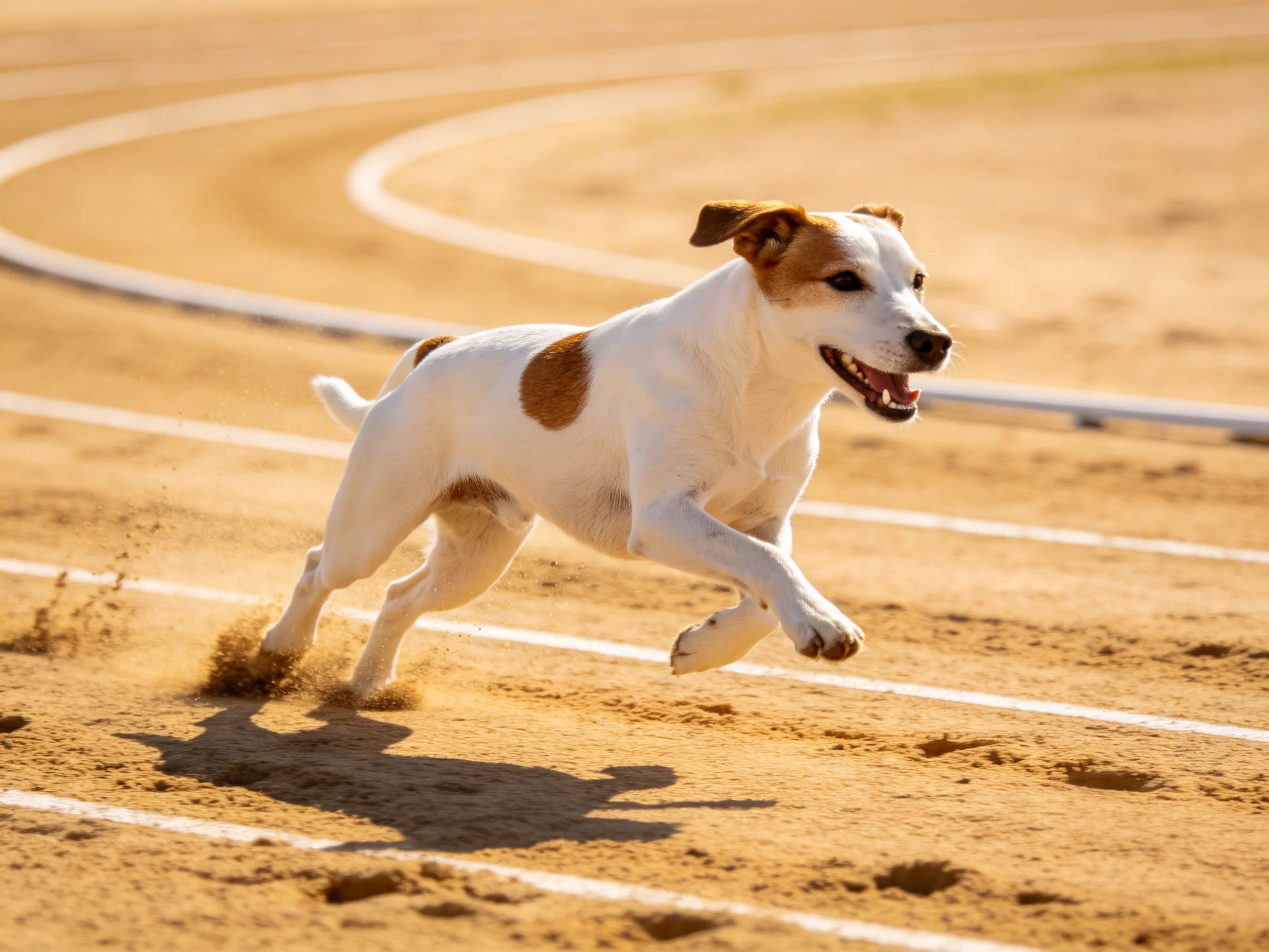 A white and brown dog sprints on a sunlit dirt race track