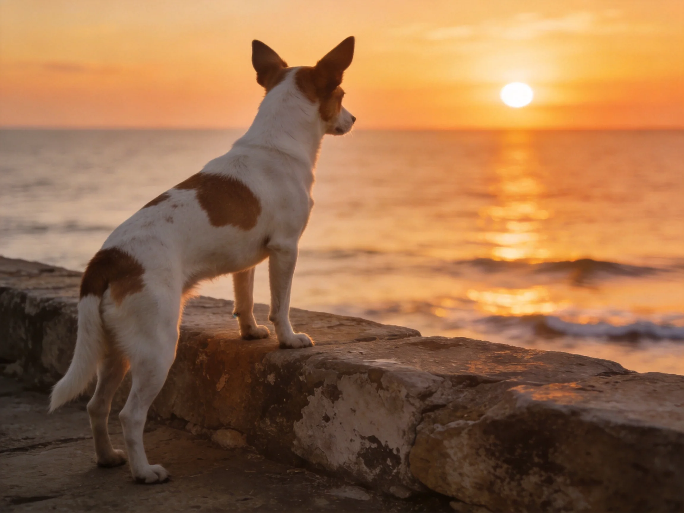 A dog observes a golden sunset over the sea from a stone wall