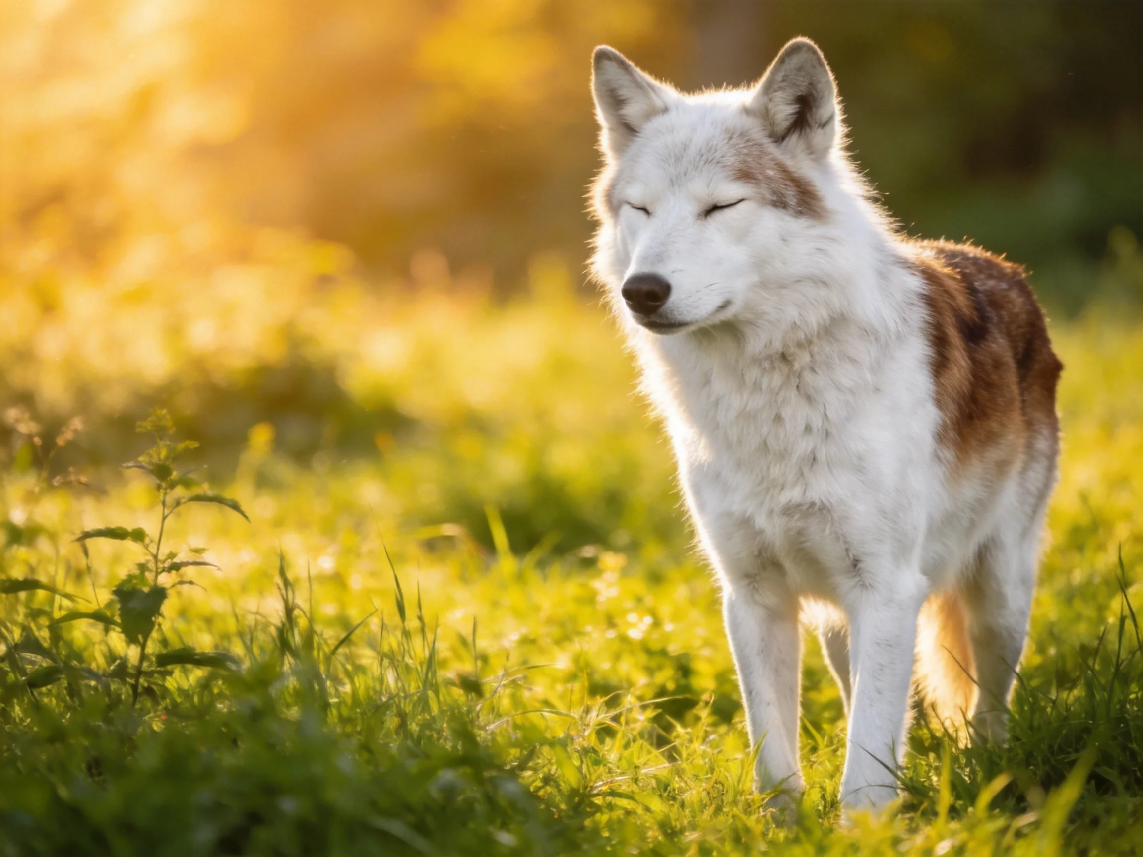 A white and brown dog stands peacefully in a sunlit meadow.