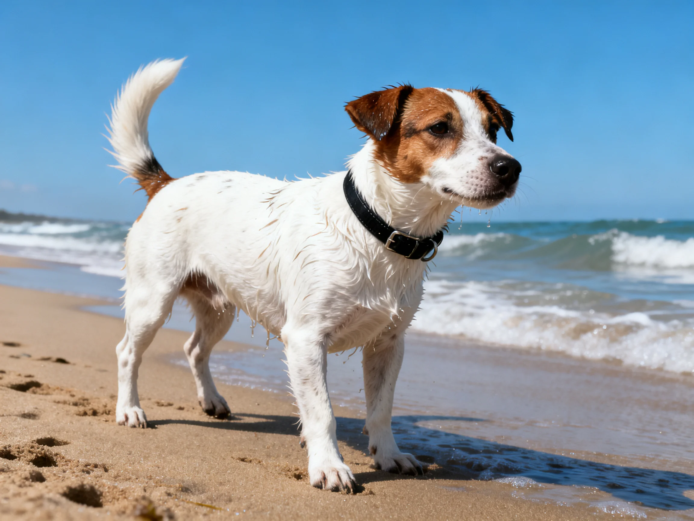 A white and brown dog stands on a sandy beach beside rolling ocean waves