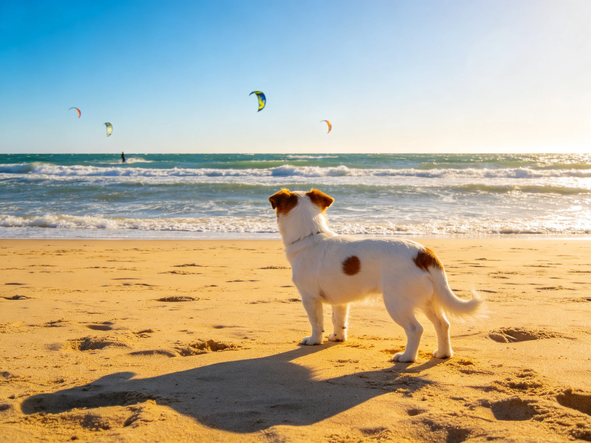 A dog observes kitesurfers over turquoise waves from golden sand