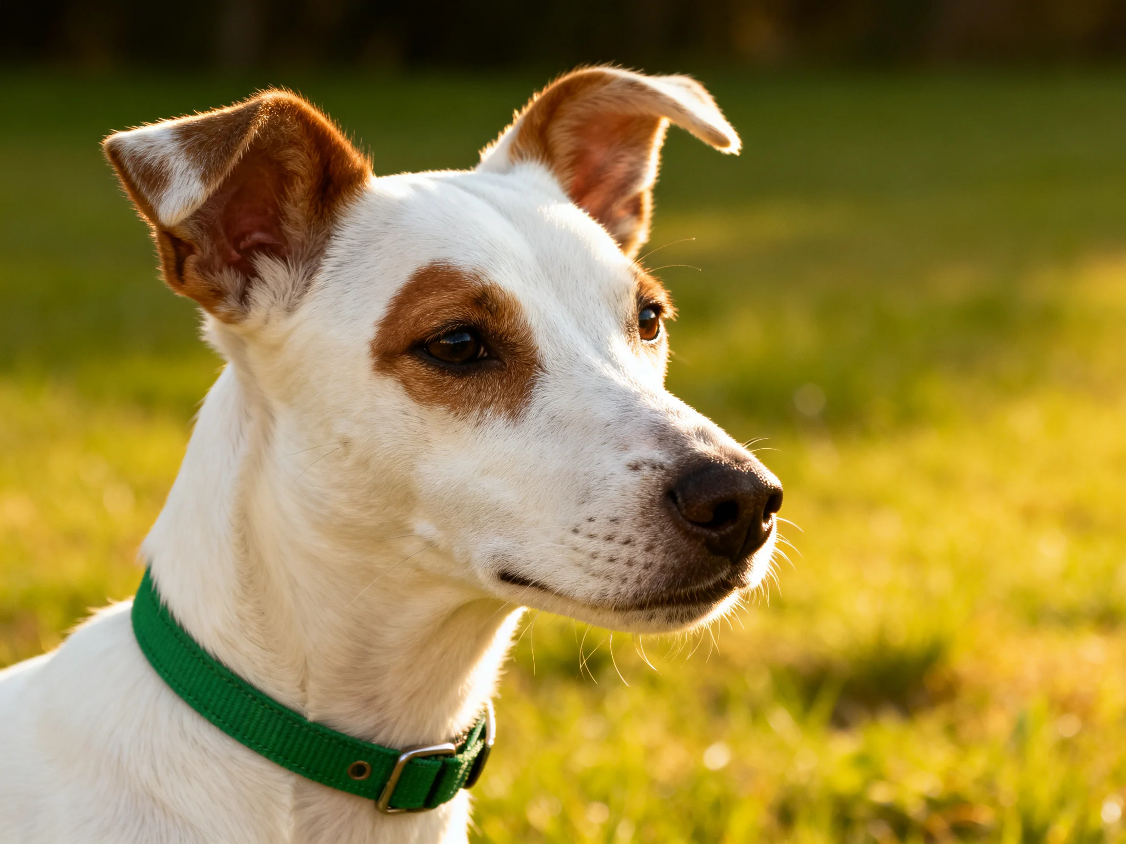 A white and brown dog with a green collar is in a sunlit grassy area.