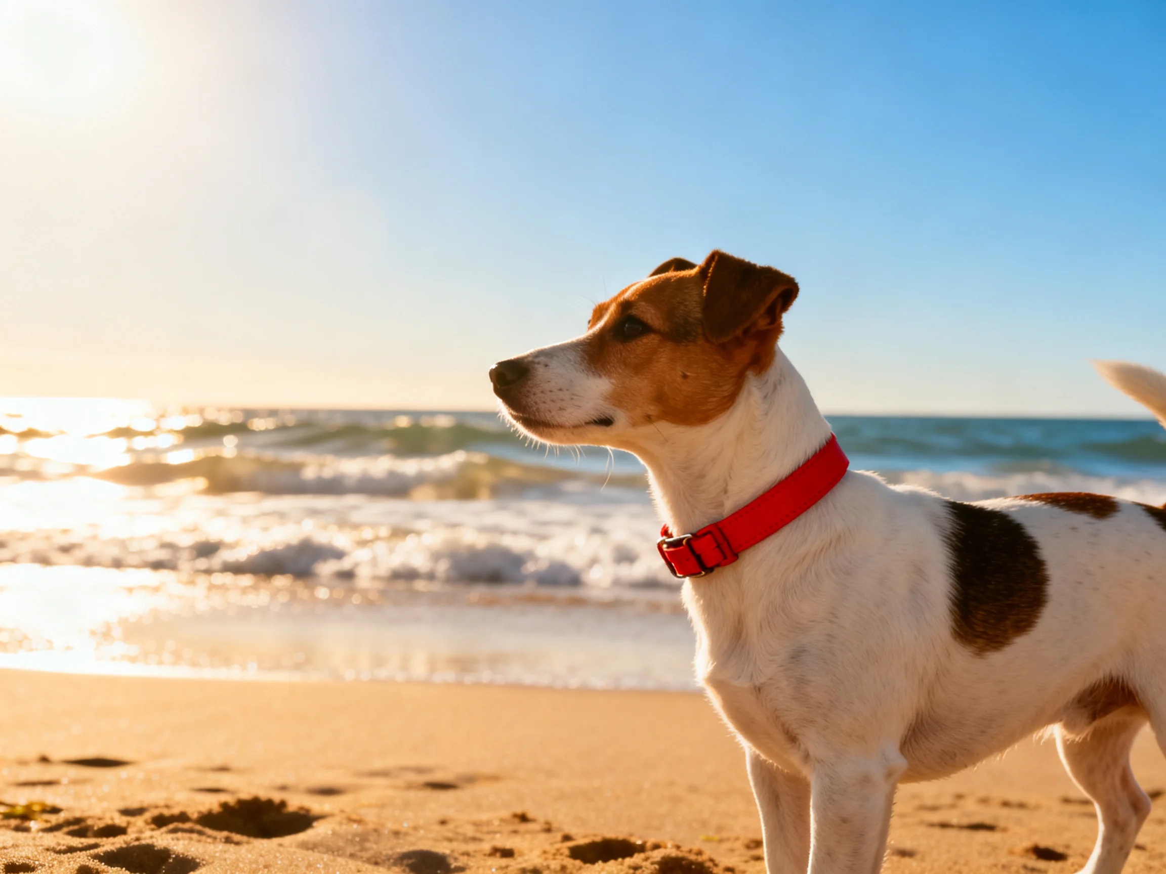 A dog with a red collar stands on a sandy beach near the ocean waves
