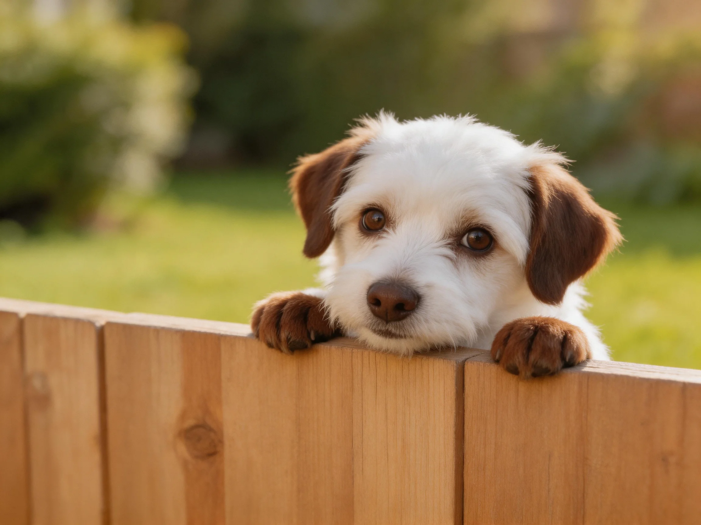 A small dog looks over a wooden fence in a sunny outdoor area.
