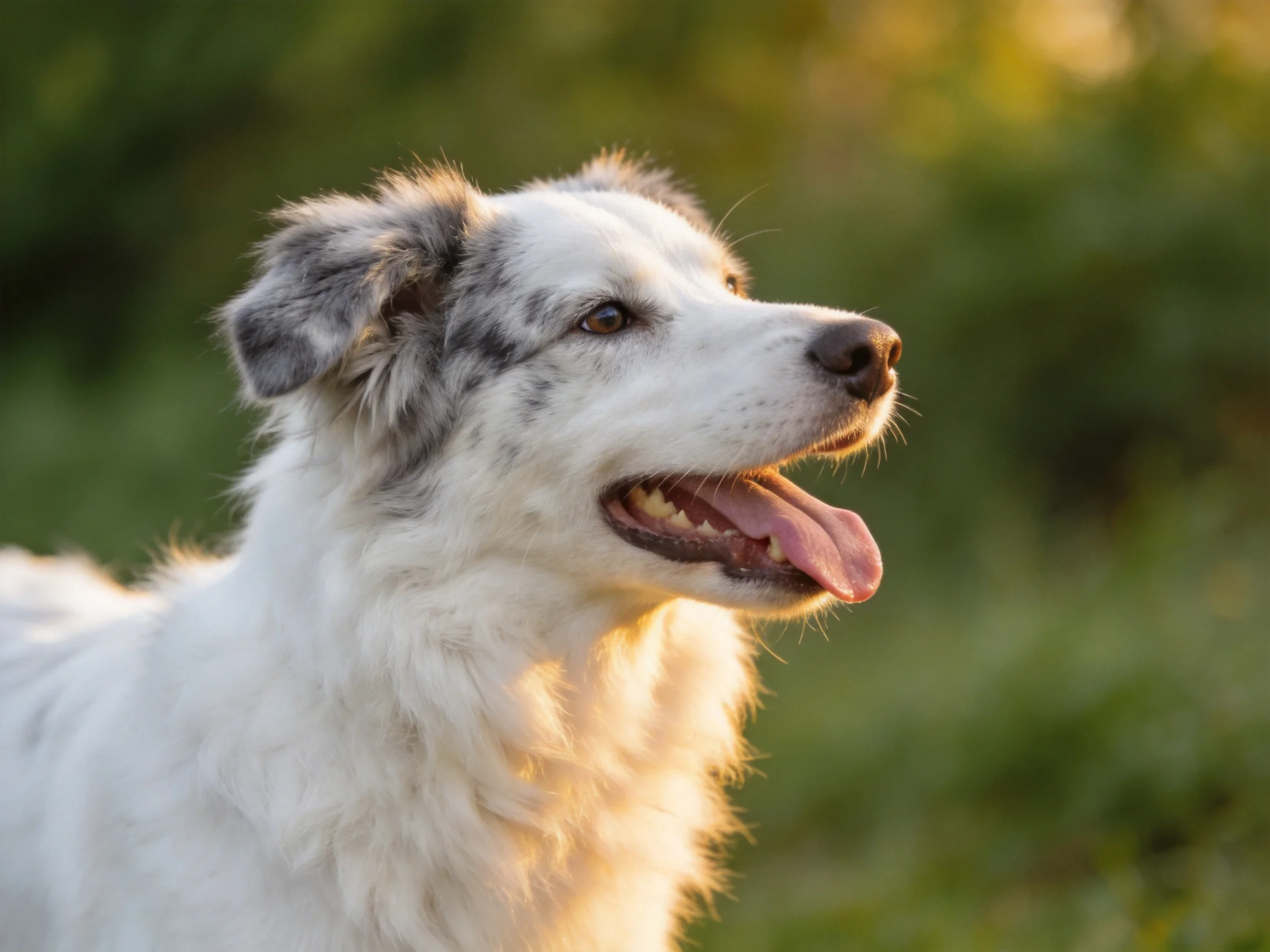 A white and gray dog relaxes outdoors under warm sunlight.
