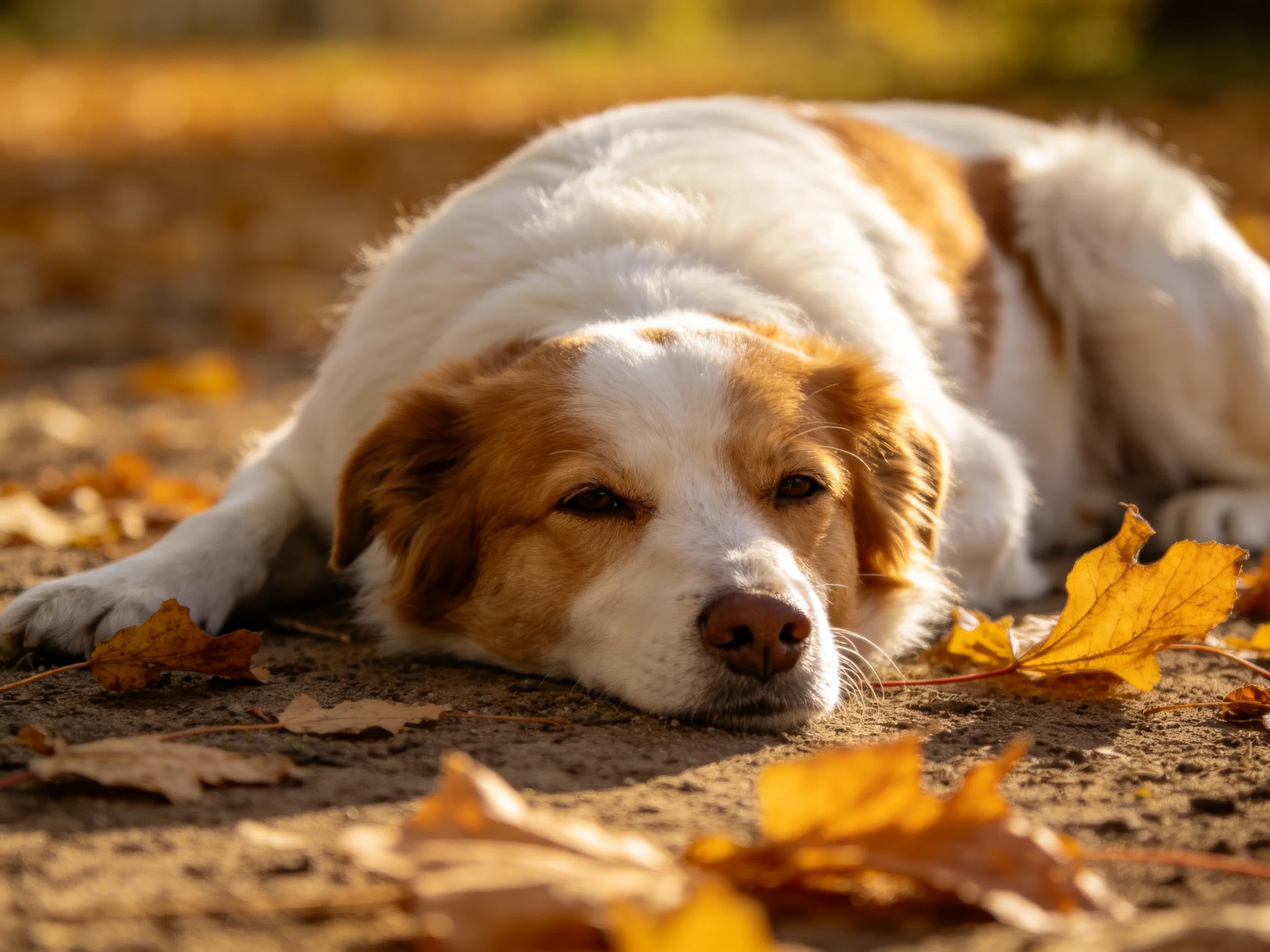 A dog rests among autumn leaves on a sunlit path.