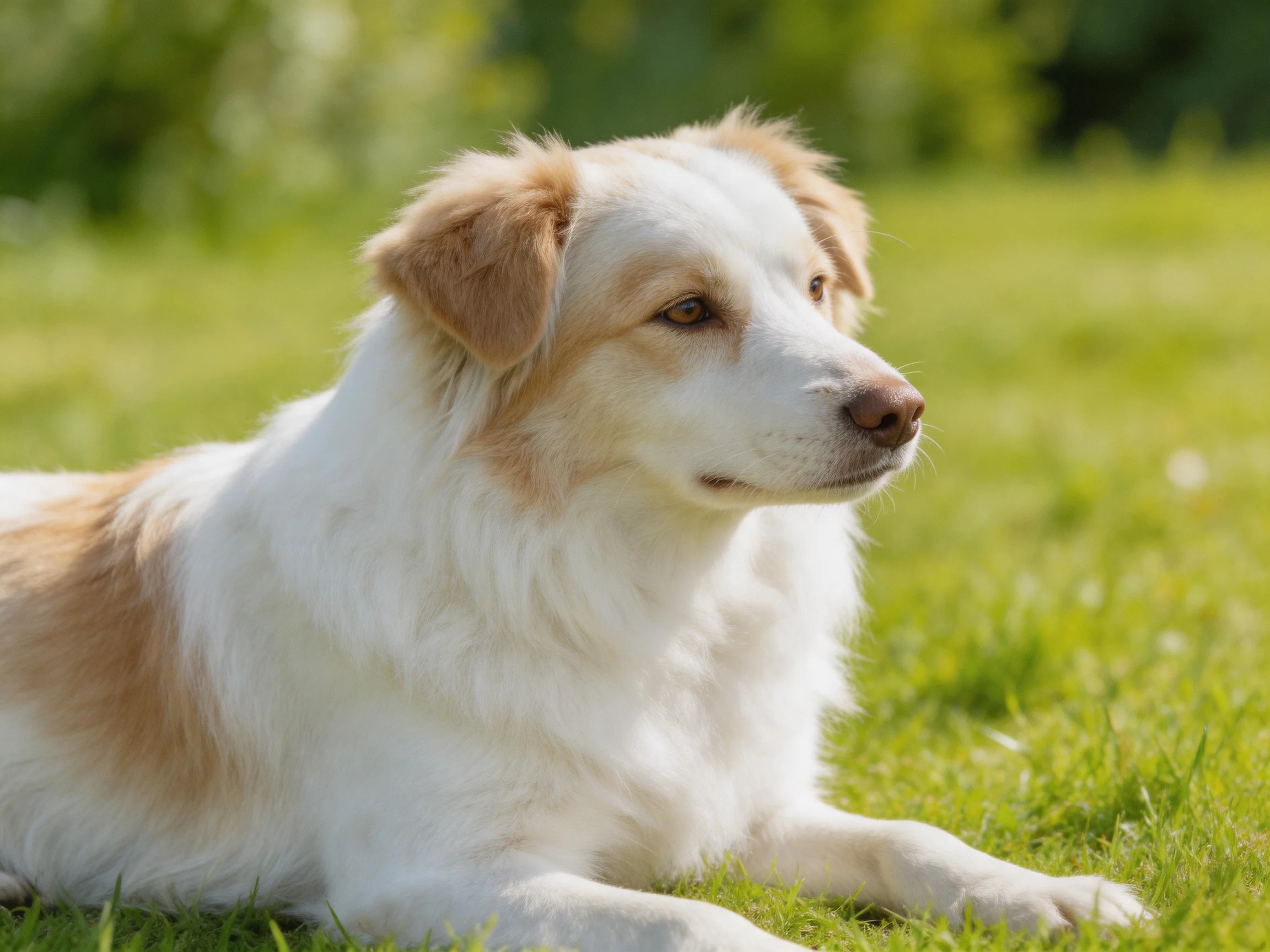 A white and tan dog lies calmly on green grass outdoors.