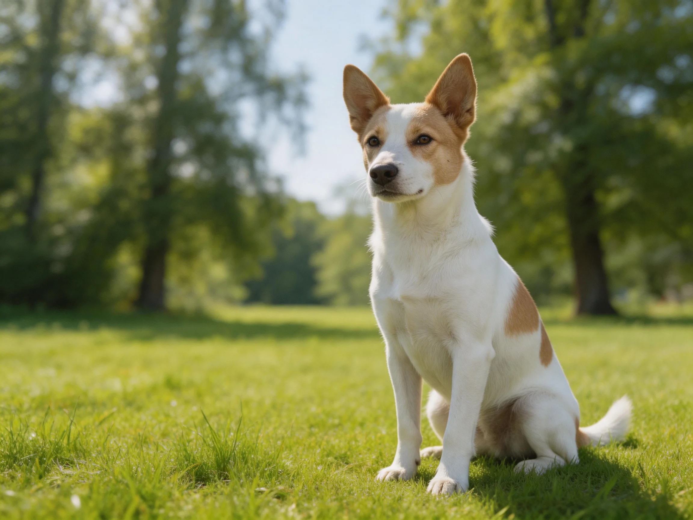 A white and tan dog sits on grass in a sunlit outdoor space.