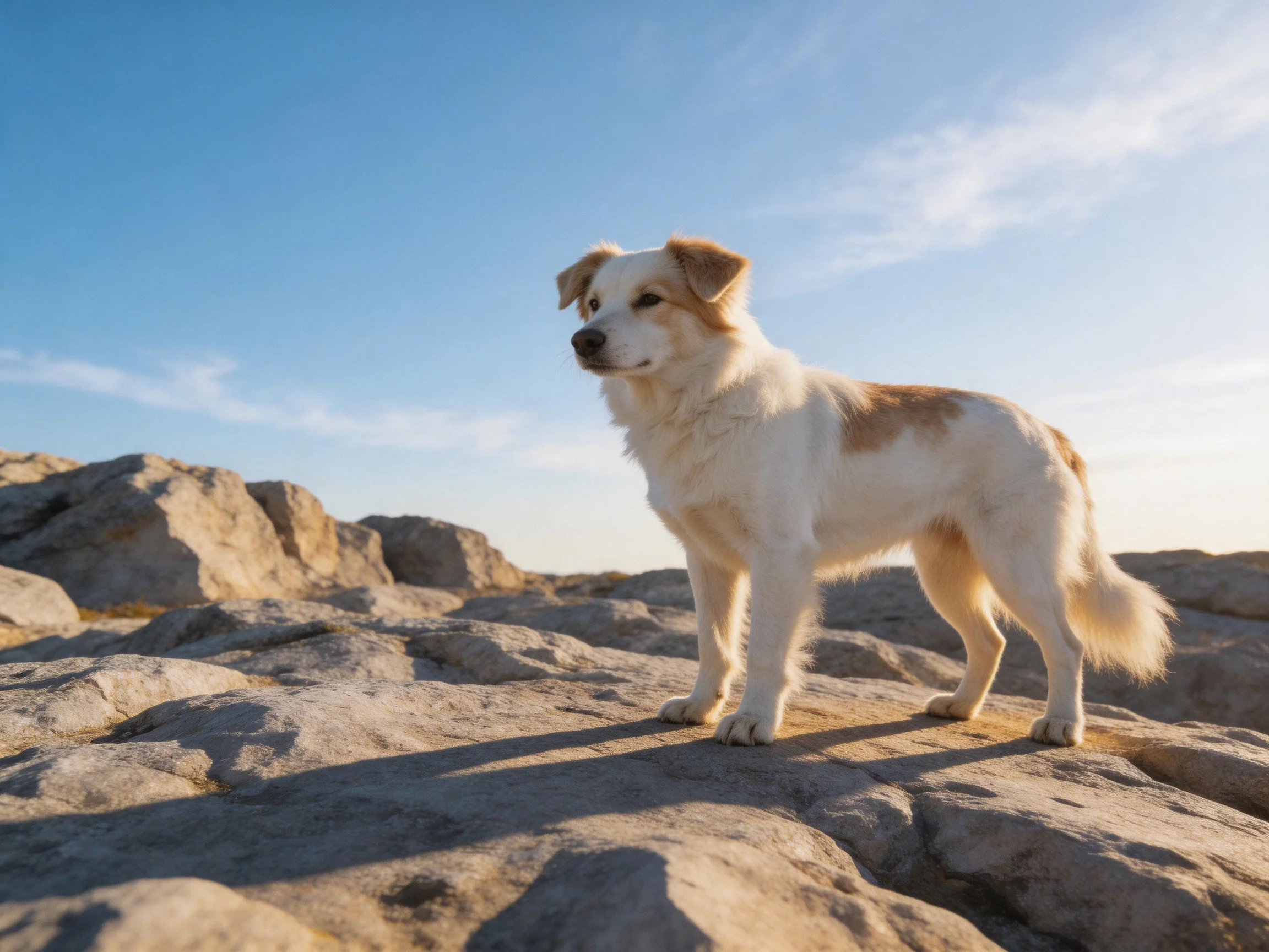 A white and tan dog stands on rocky terrain with a clear blue sky overhead.