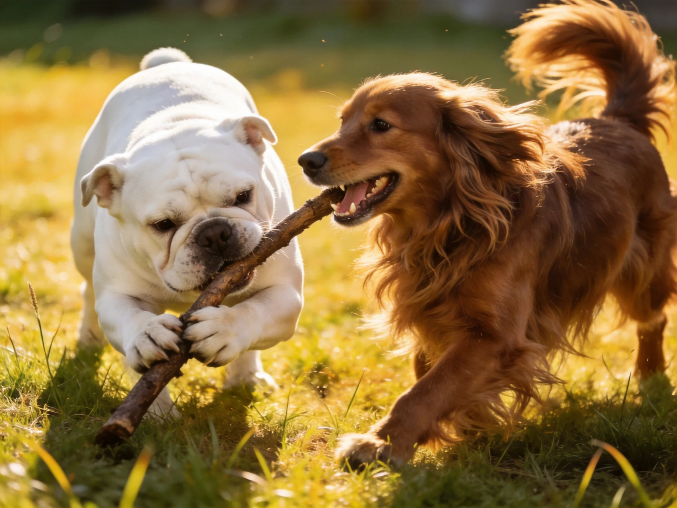 Two dogs, one white and one brown, play tug-of-war with a stick outside.