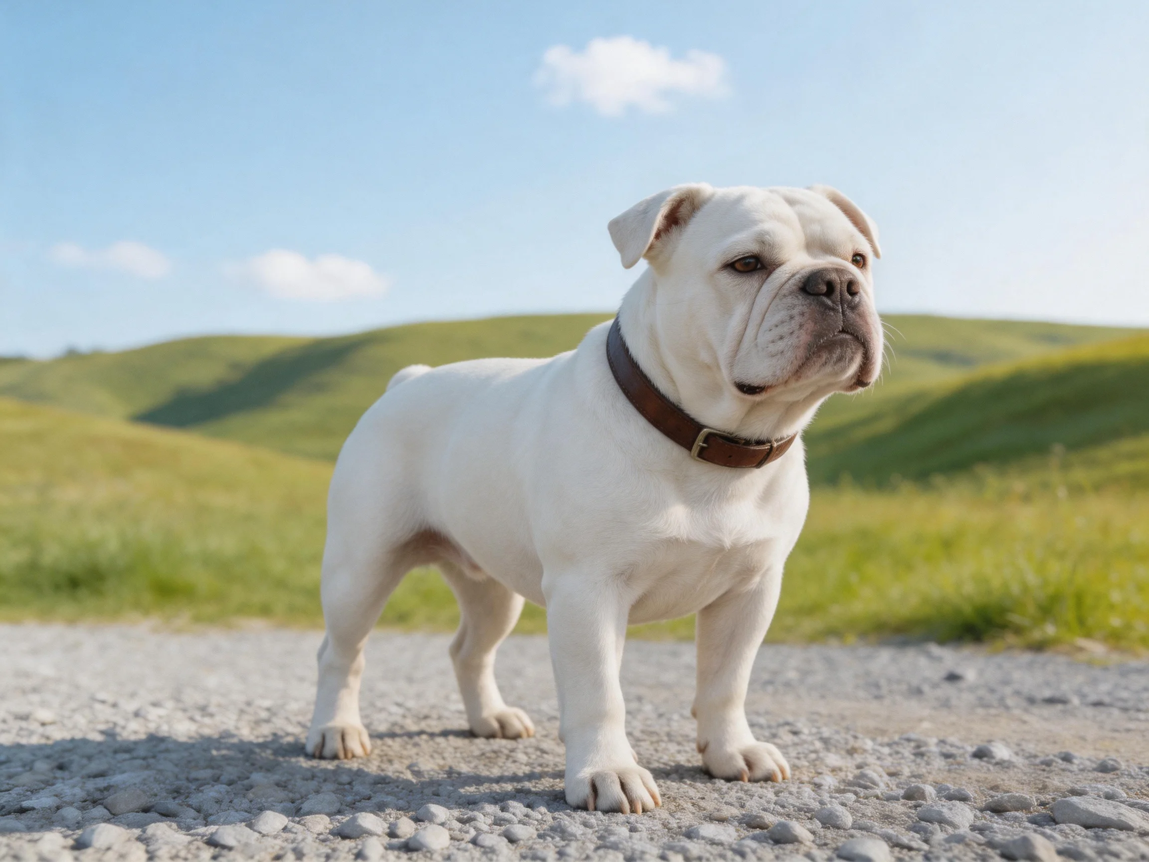 A white bulldog stands on a gravel path with rolling green hills in the background.