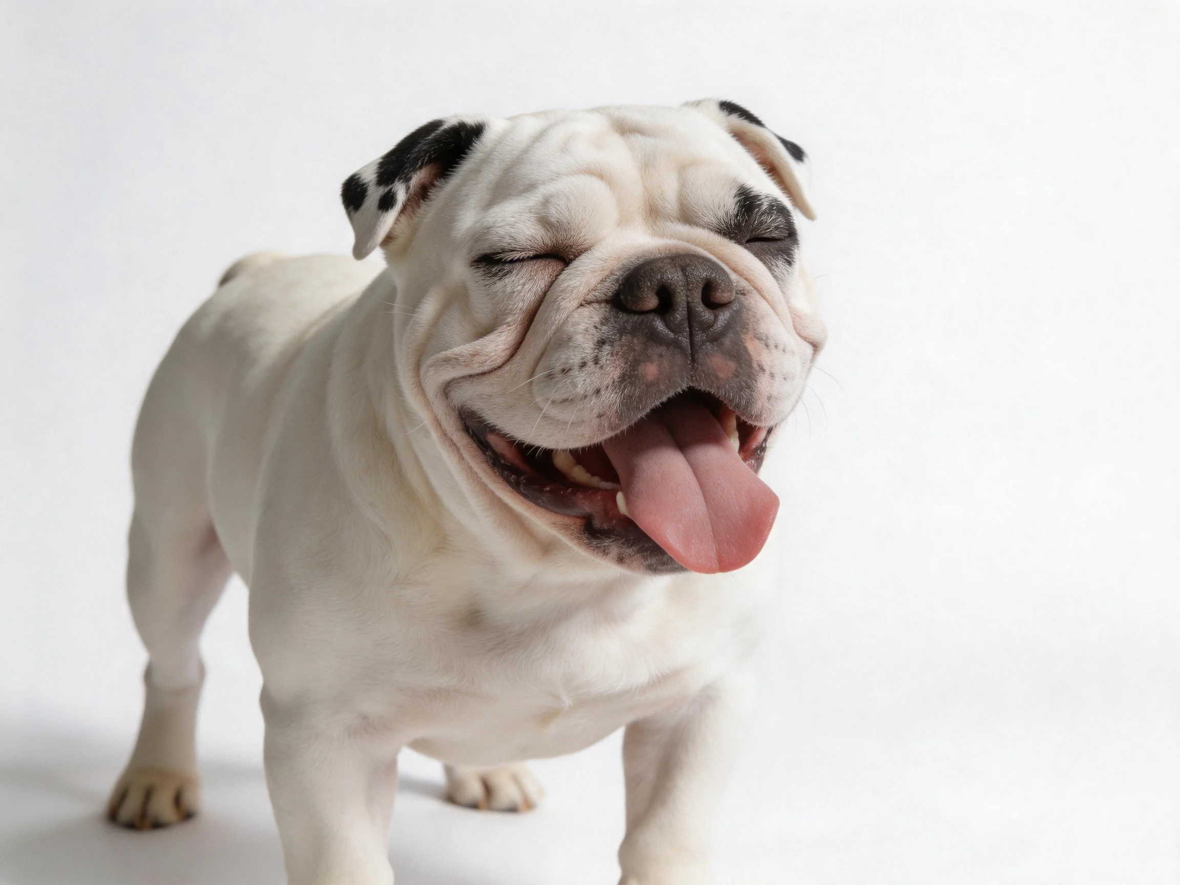 A white bulldog with black ear patches yawning joyfully