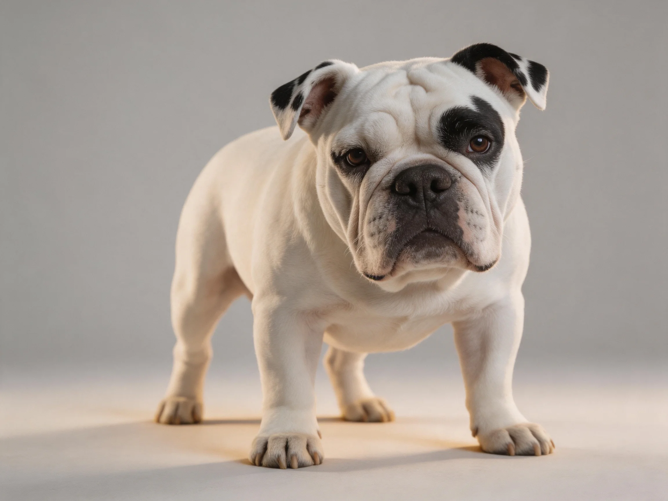 A white bulldog with black markings stands on a plain surface.