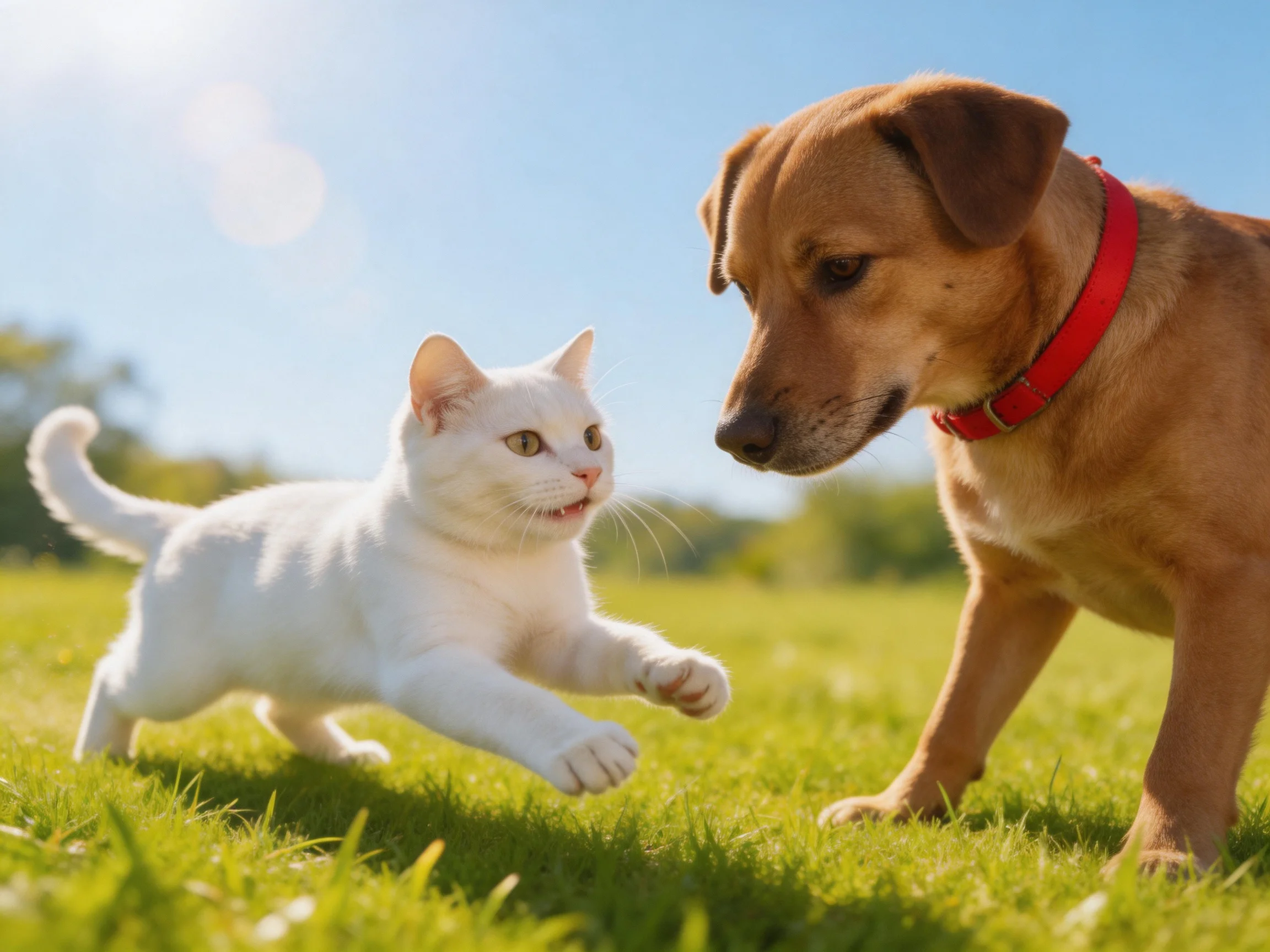 A white cat and brown dog play on a sunny grassy field
