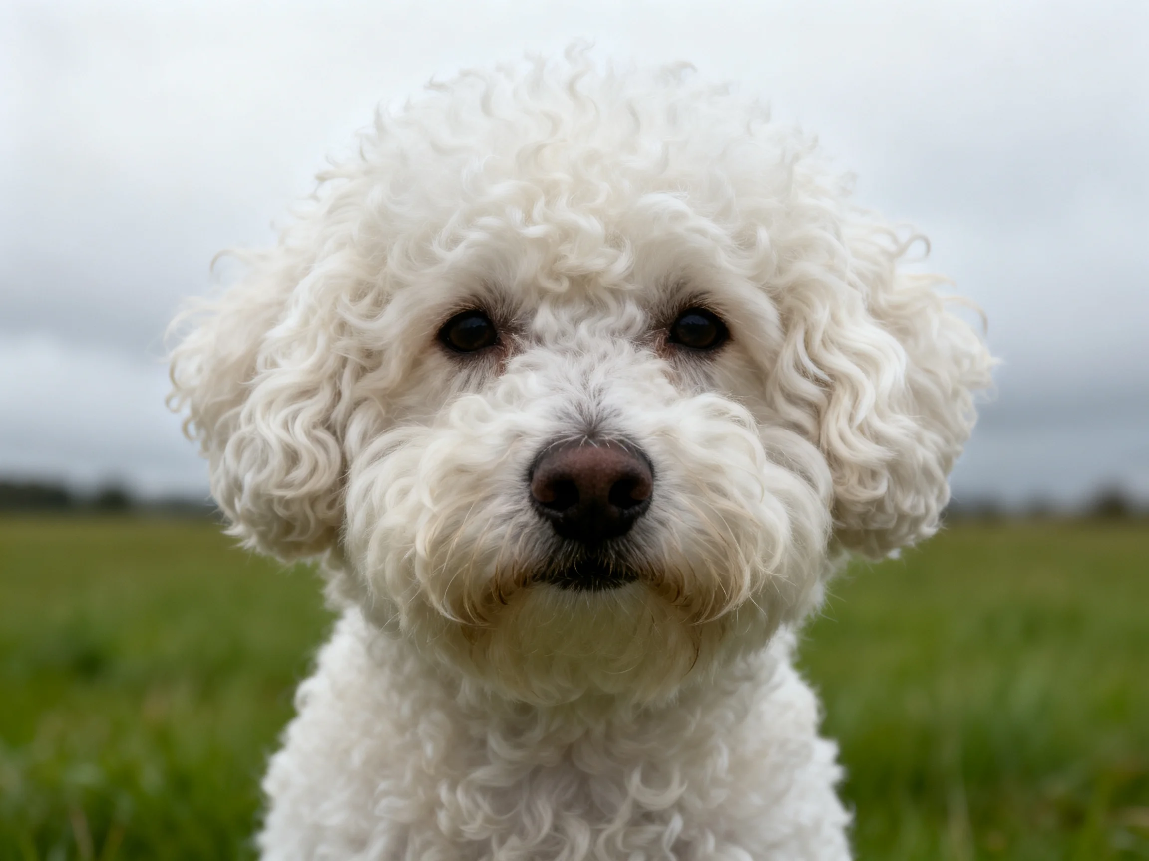 A white curly-coated dog standing in a green meadow under an overcast sky