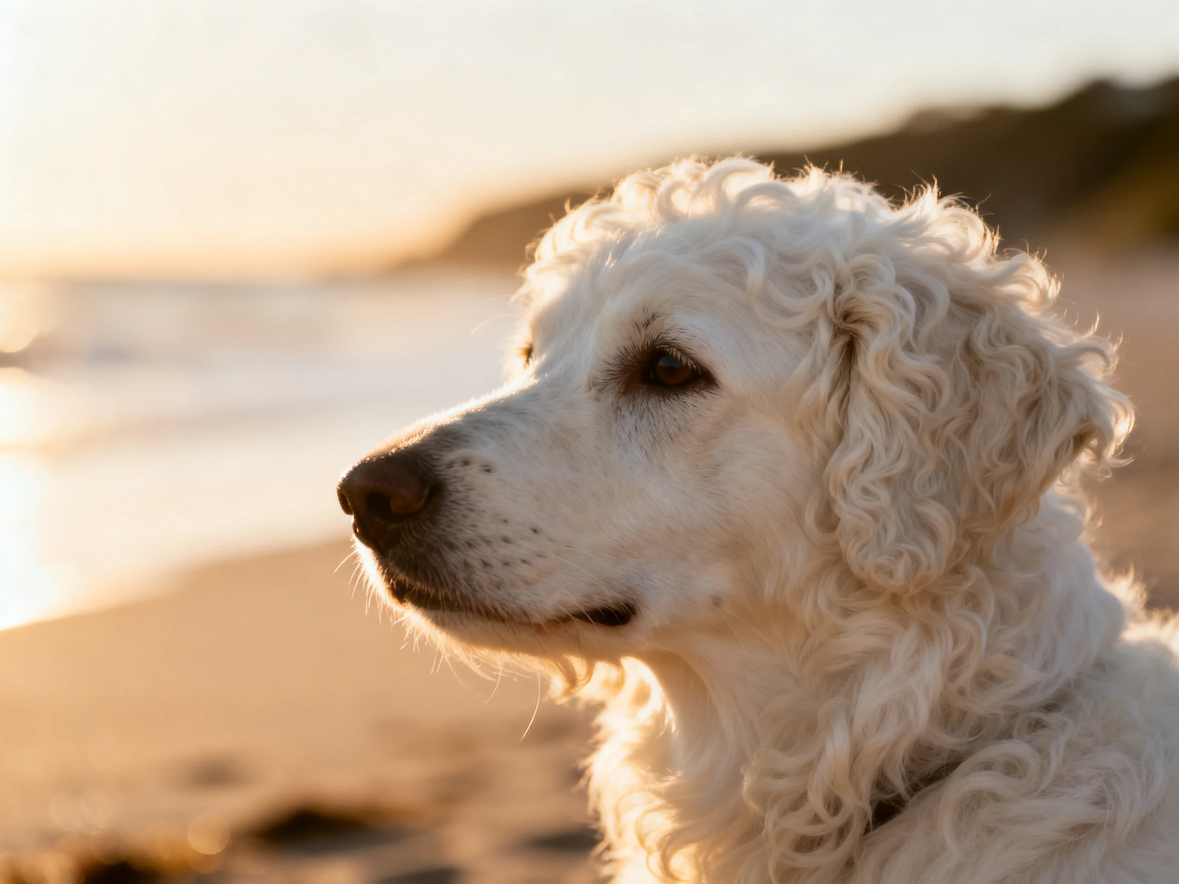 A white dog observes the beach and ocean waters during sunset.