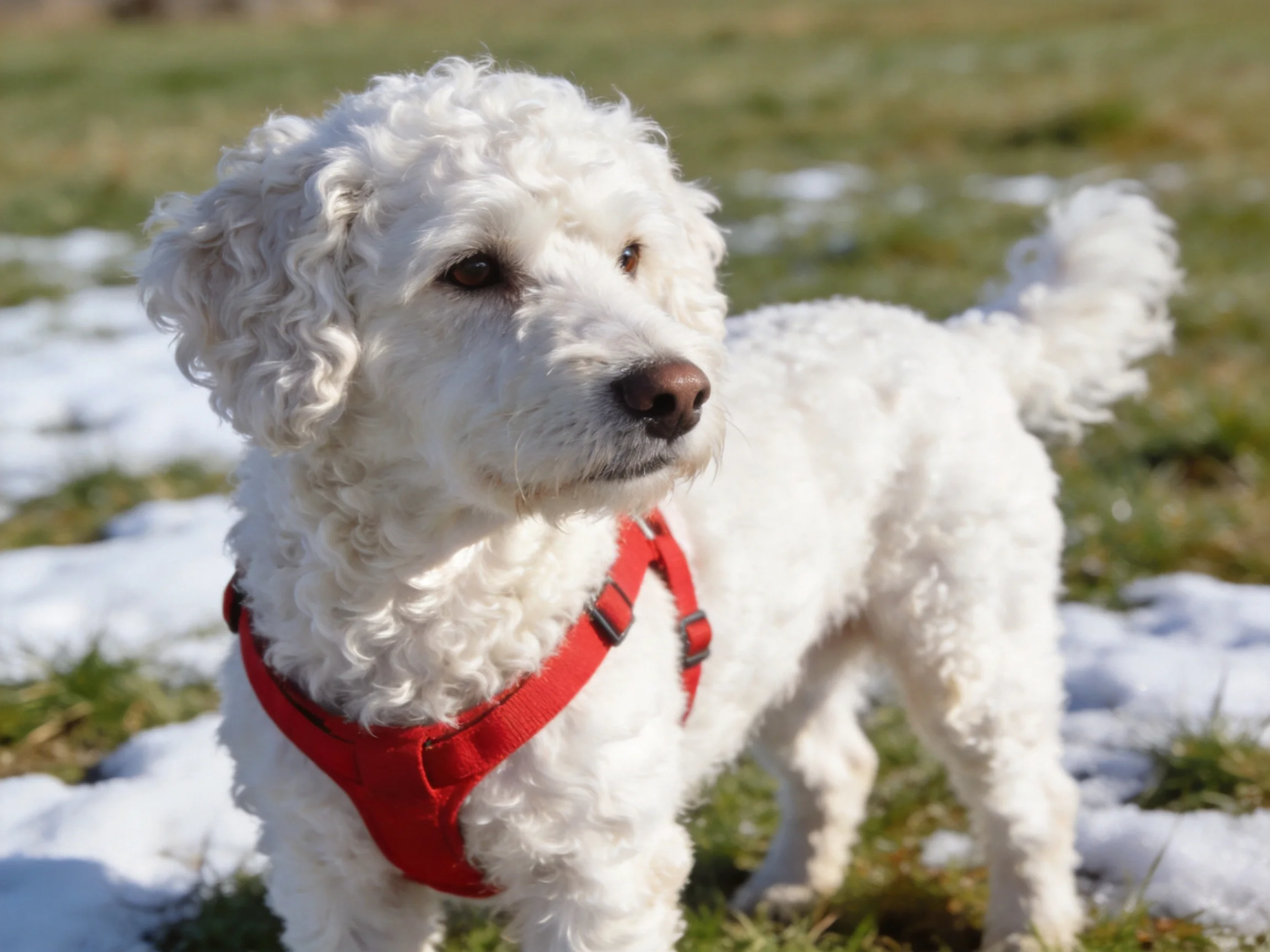 A white curly-haired dog in a red harness on snowy grass