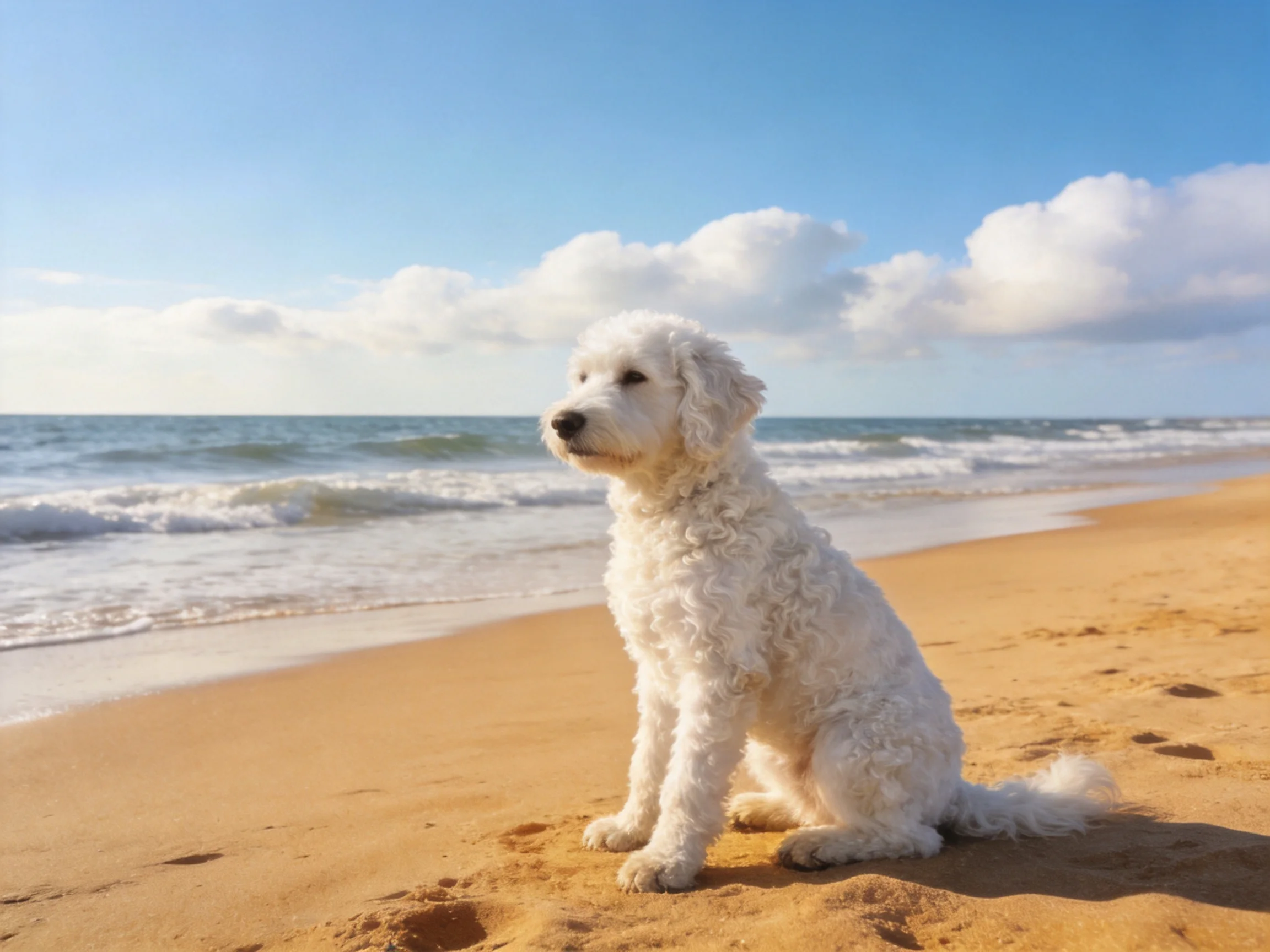 A white curly-haired dog sits on a golden sandy beach by the ocean