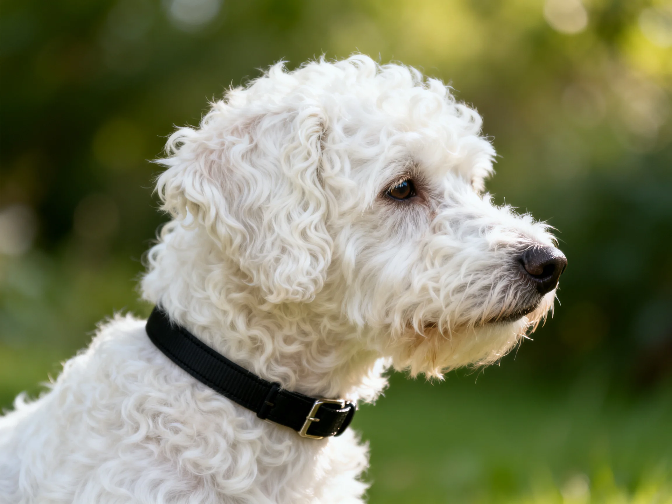 A white curly-haired dog with a black collar in a green outdoor environment
