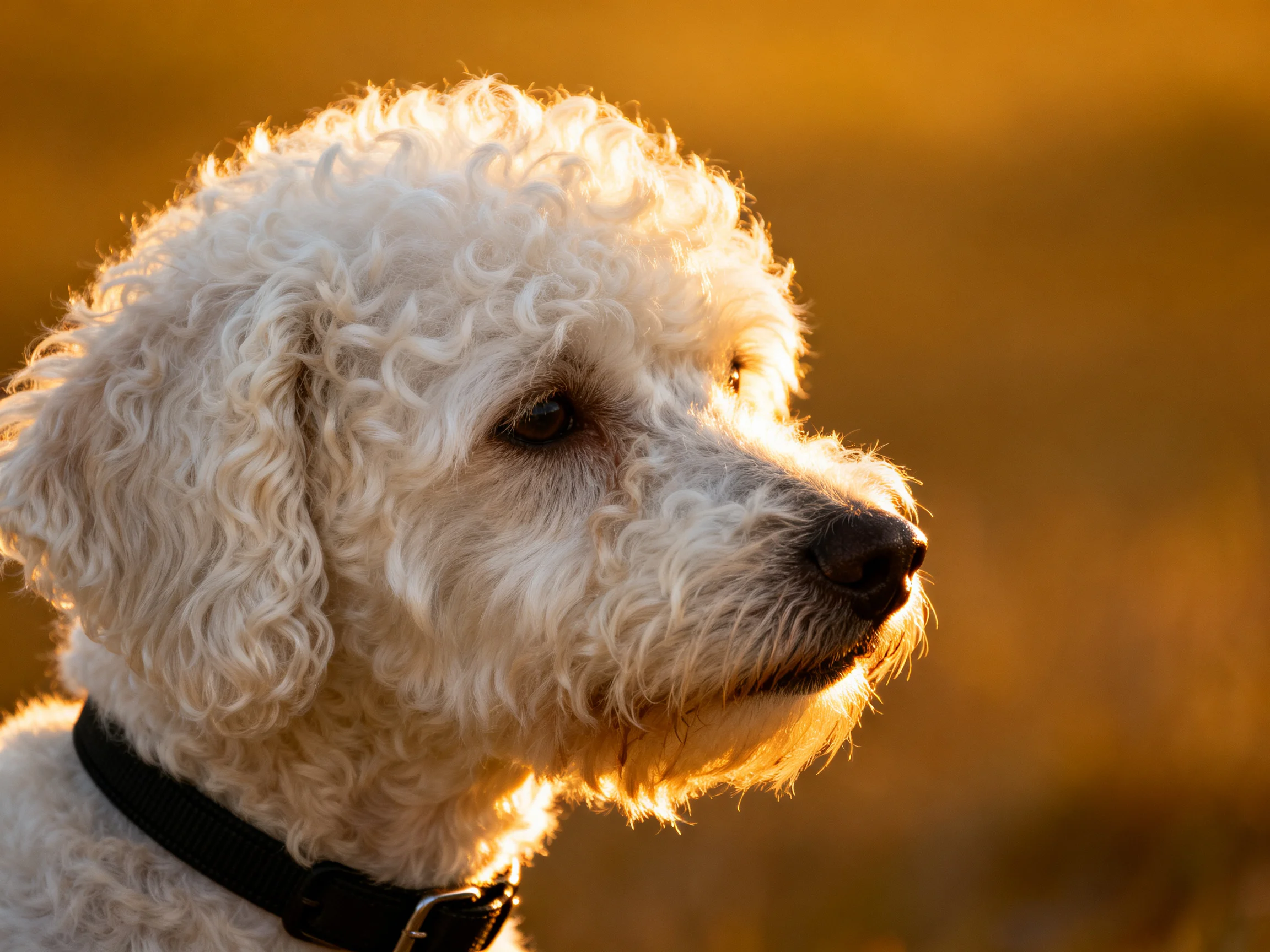 A white curly-haired dog is backlit by golden light.