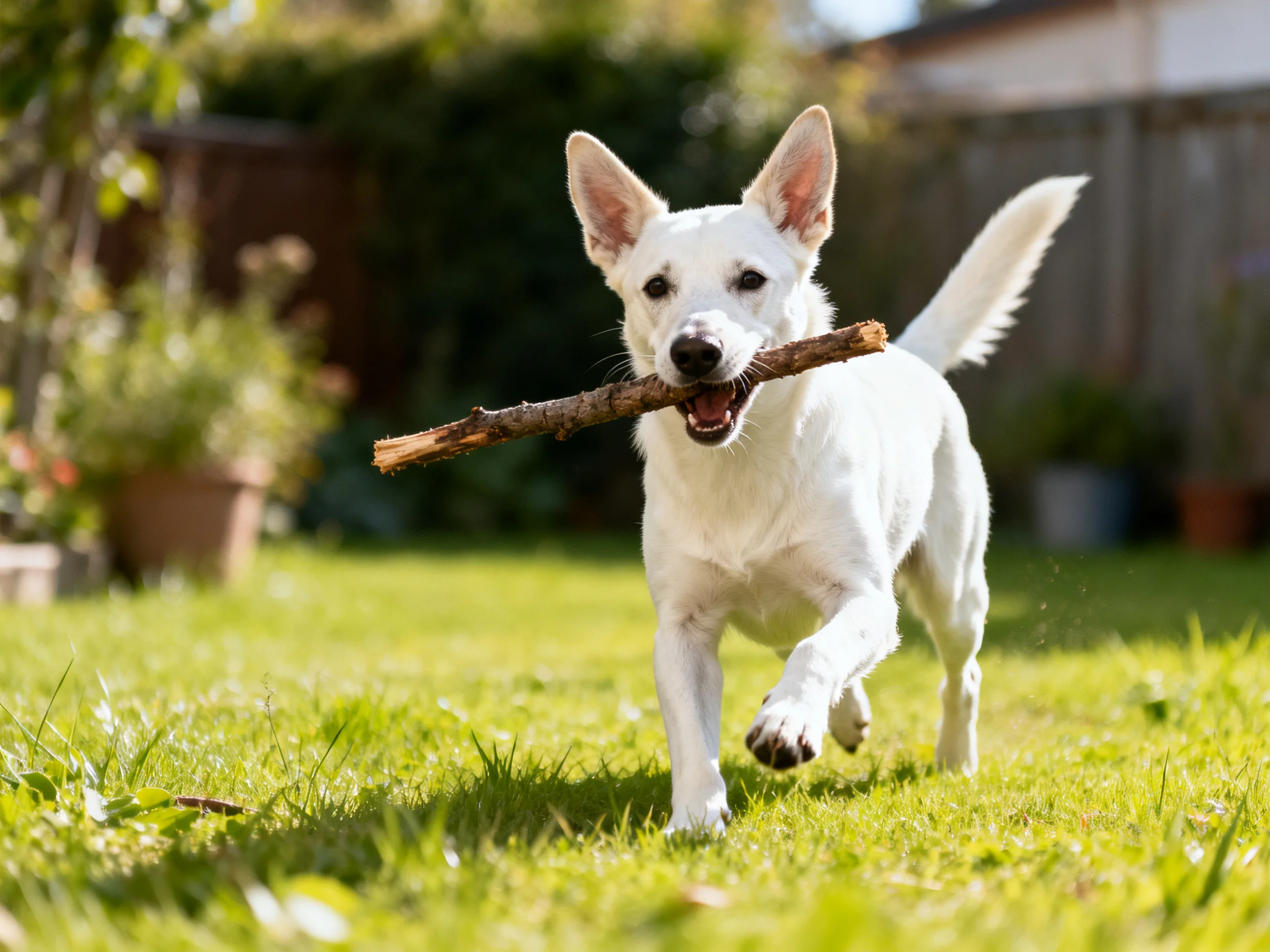 A white dog runs through a sunny yard carrying a wooden stick.