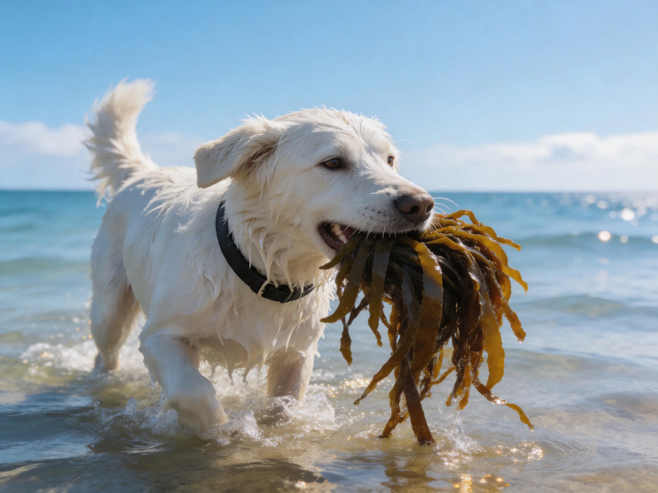 A white dog walks through shallow water while carrying seaweed.