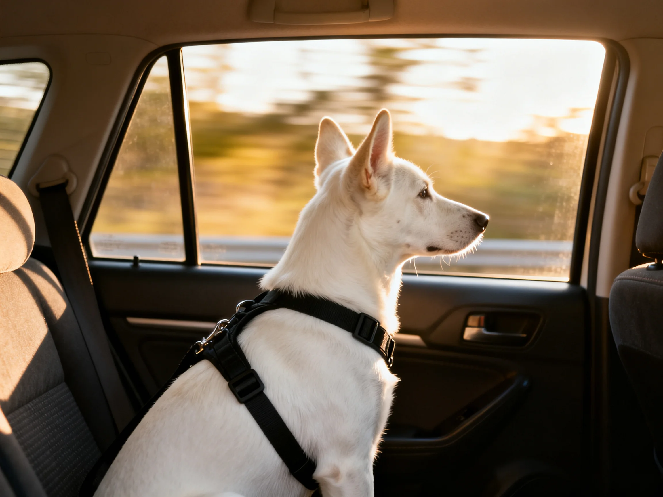 A white dog in a black harness rides in a car with sunlight streaming through the window