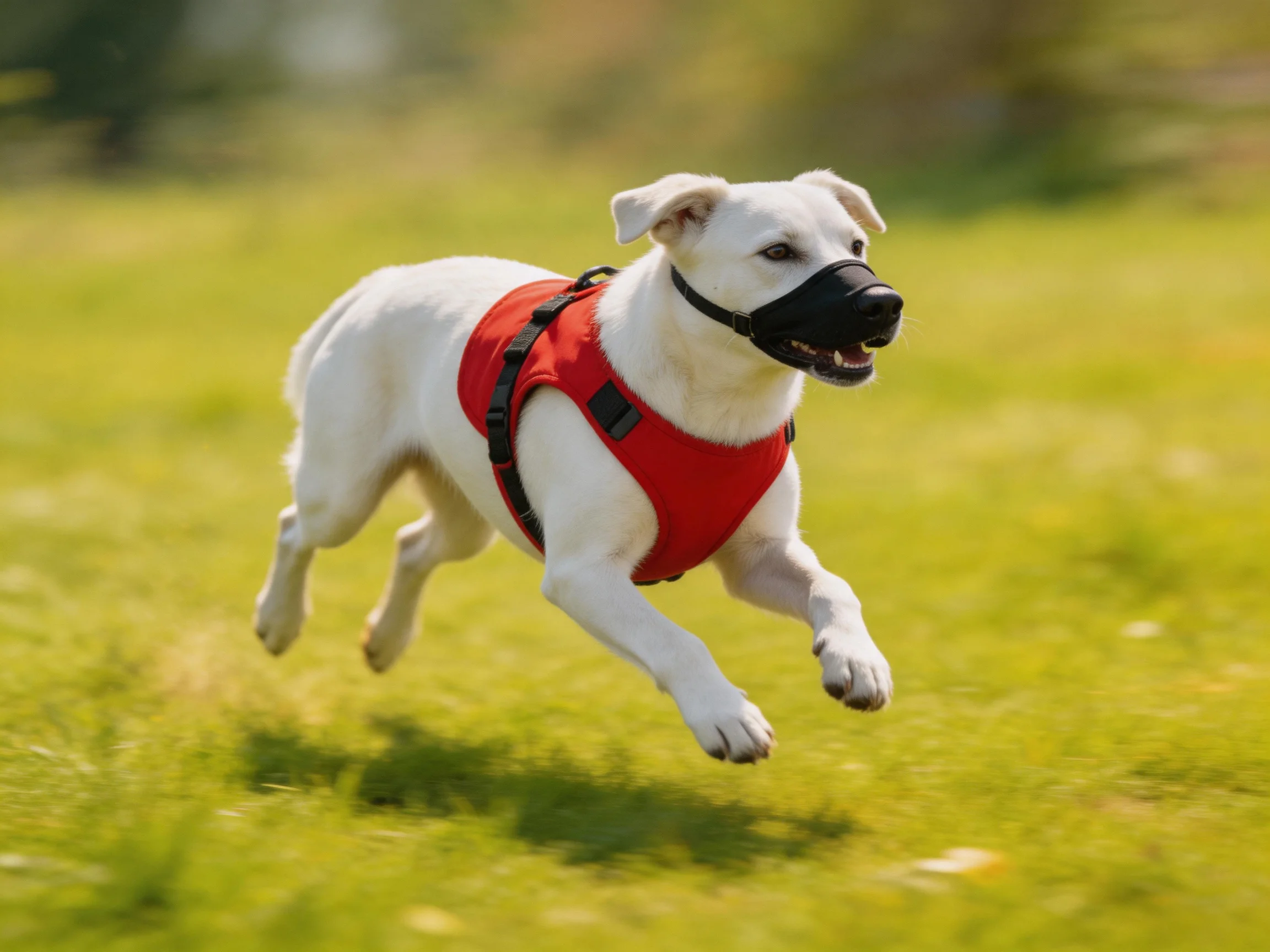 A white dog in a red harness runs through a sunlit green field