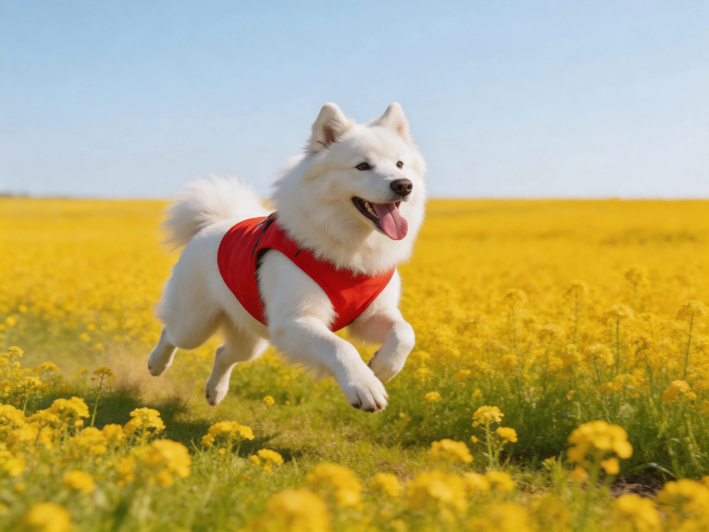 A white dog in a red harness runs through a vast yellow flower field