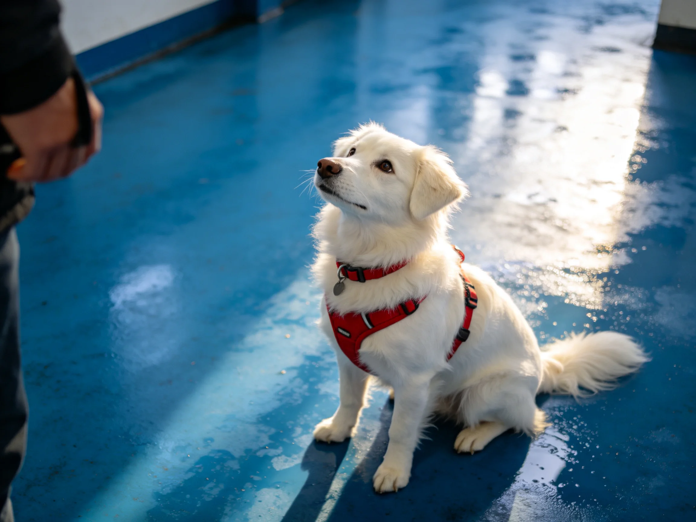 A white dog in a red harness sits on a glossy blue floor