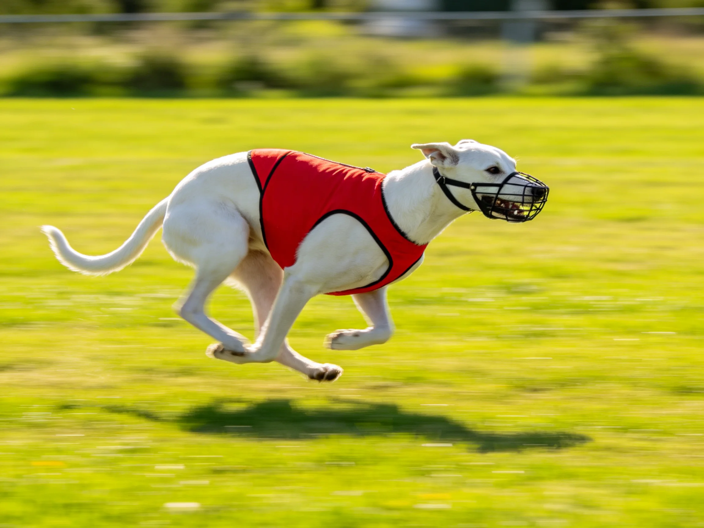A white dog in a red vest races across a green grassy field
