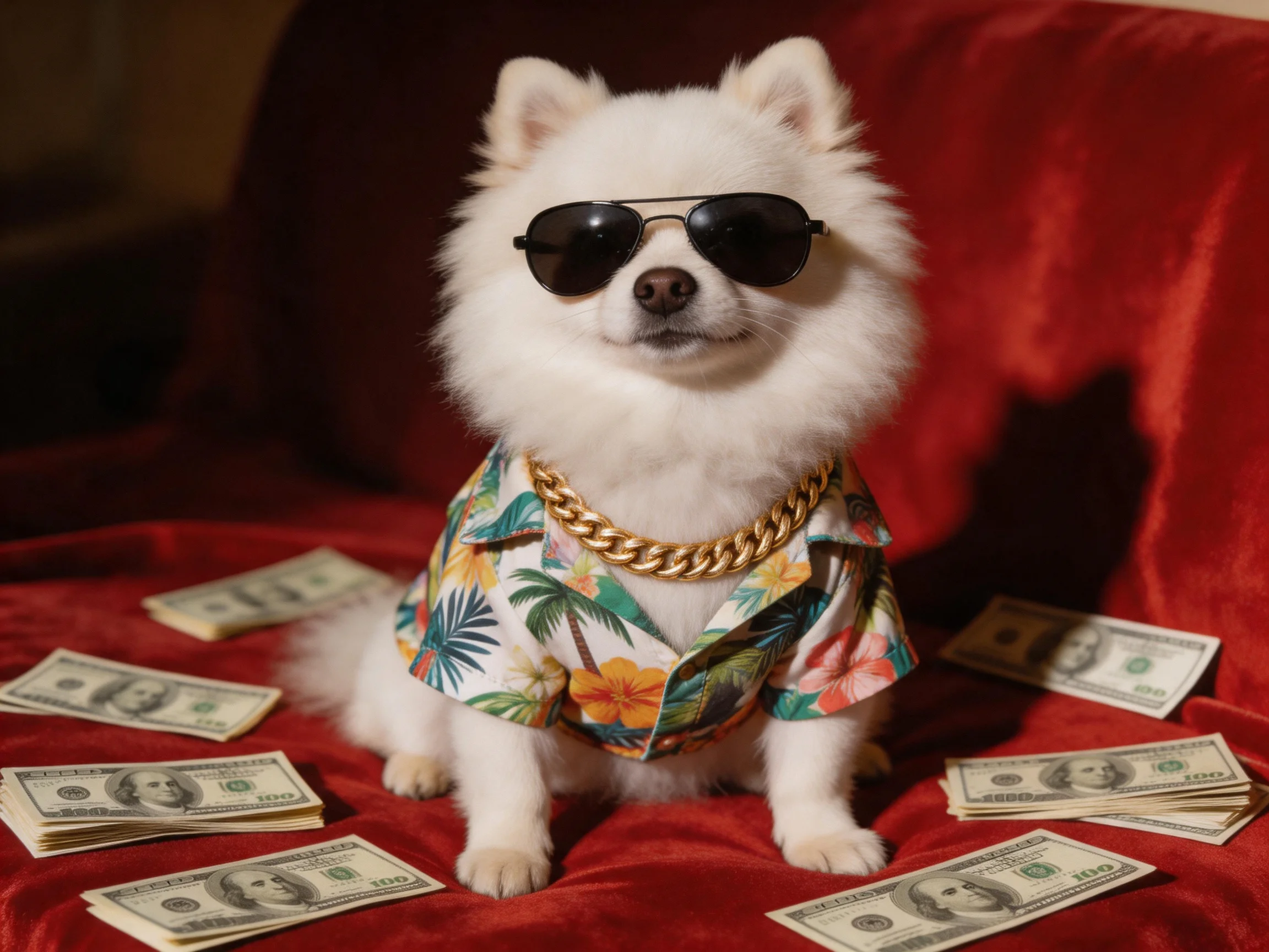 A white dog in sunglasses and a floral shirt sits among dollar bills on a red couch