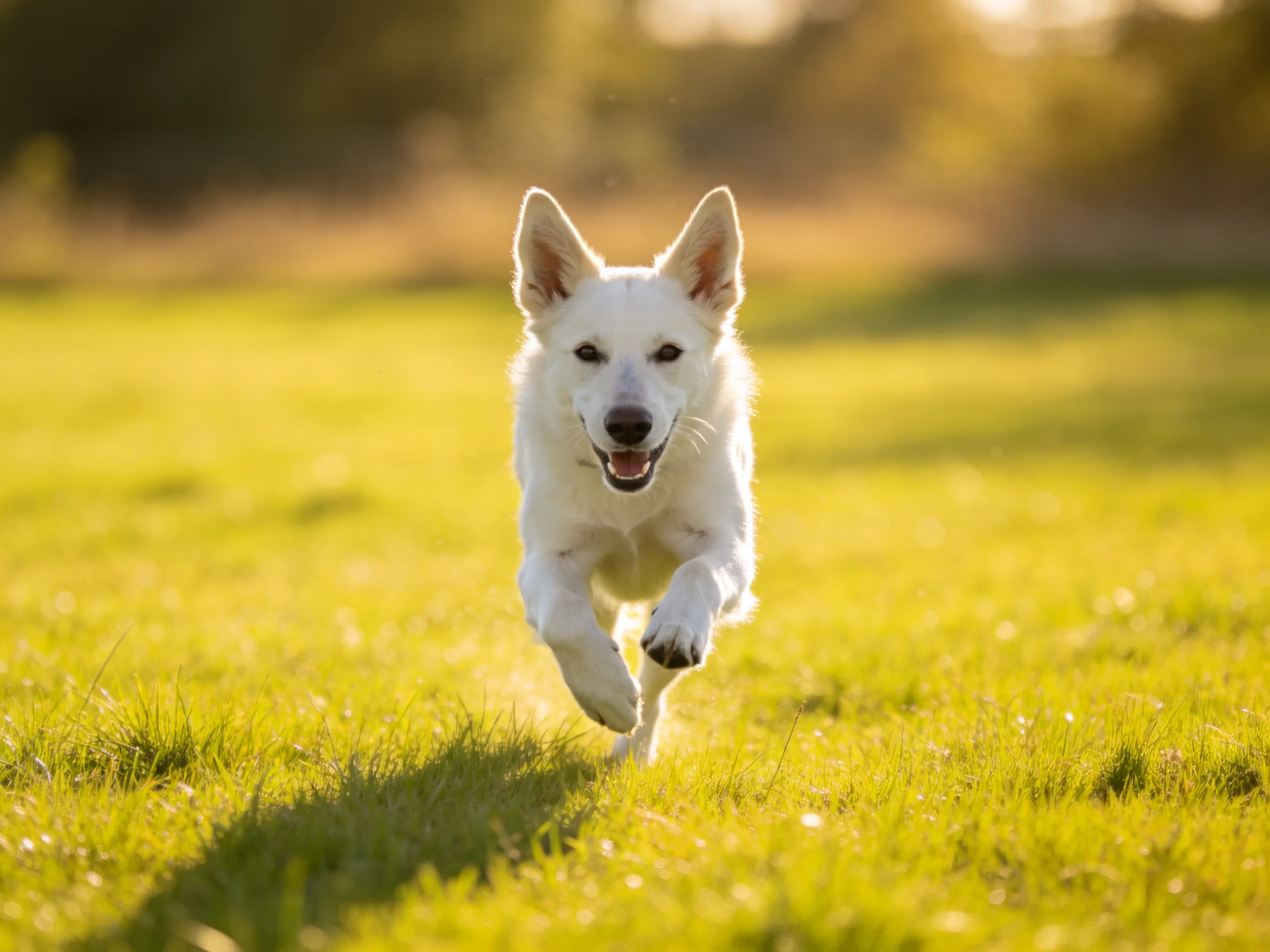A white dog joyfully running through a sunlit green meadow