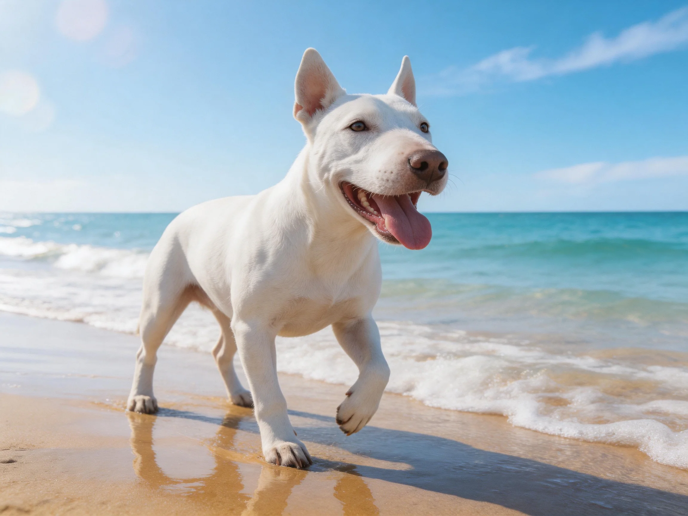 A white dog joyfully runs on a sandy beach near the ocean.