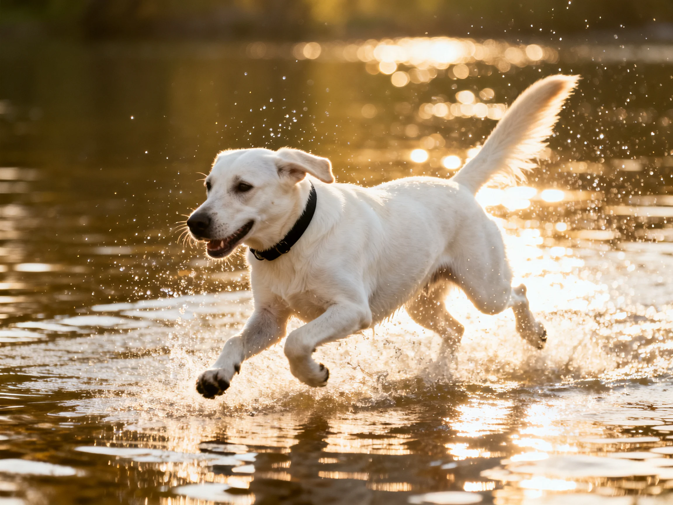 A white dog joyfully splashes through golden-hued water