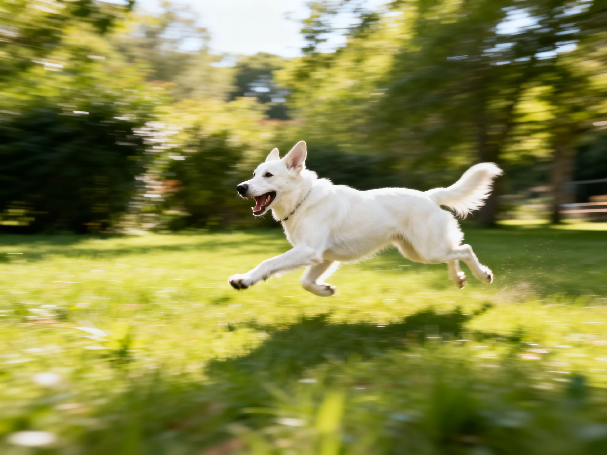 A white dog leaps joyfully in a sunlit grassy area