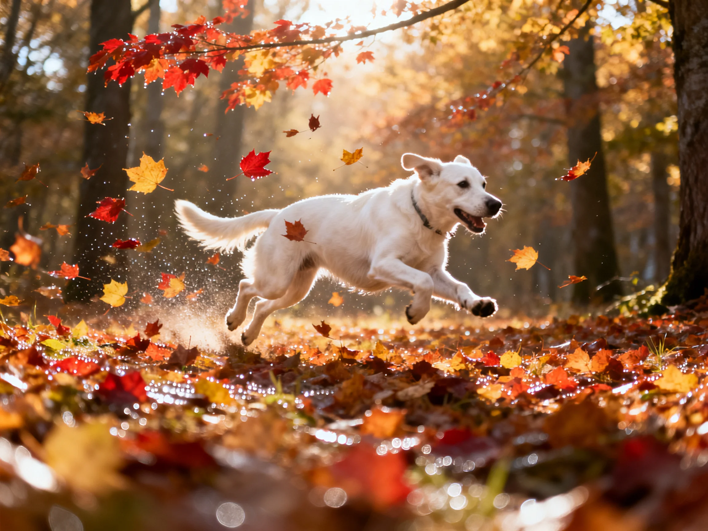 A white dog leaps through colorful autumn forest with falling leaves