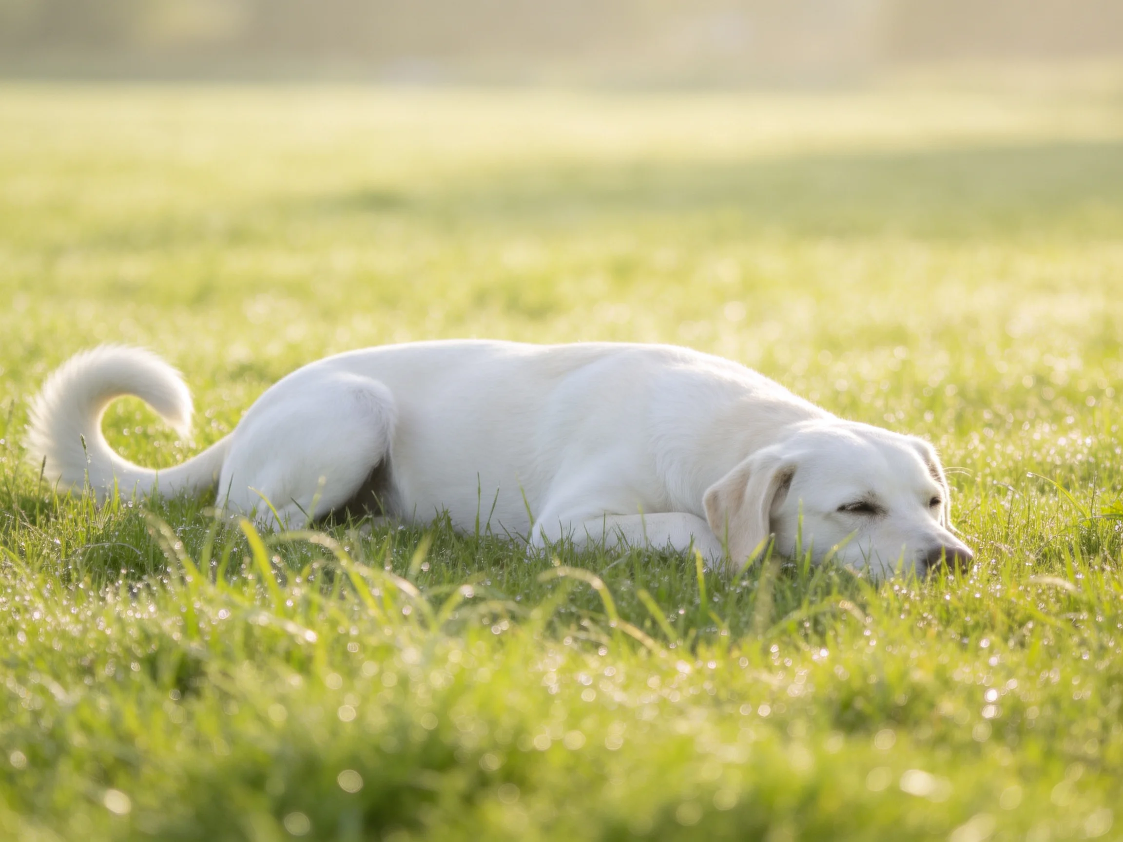 A white dog lies comfortably on verdant grass under warm sunlight