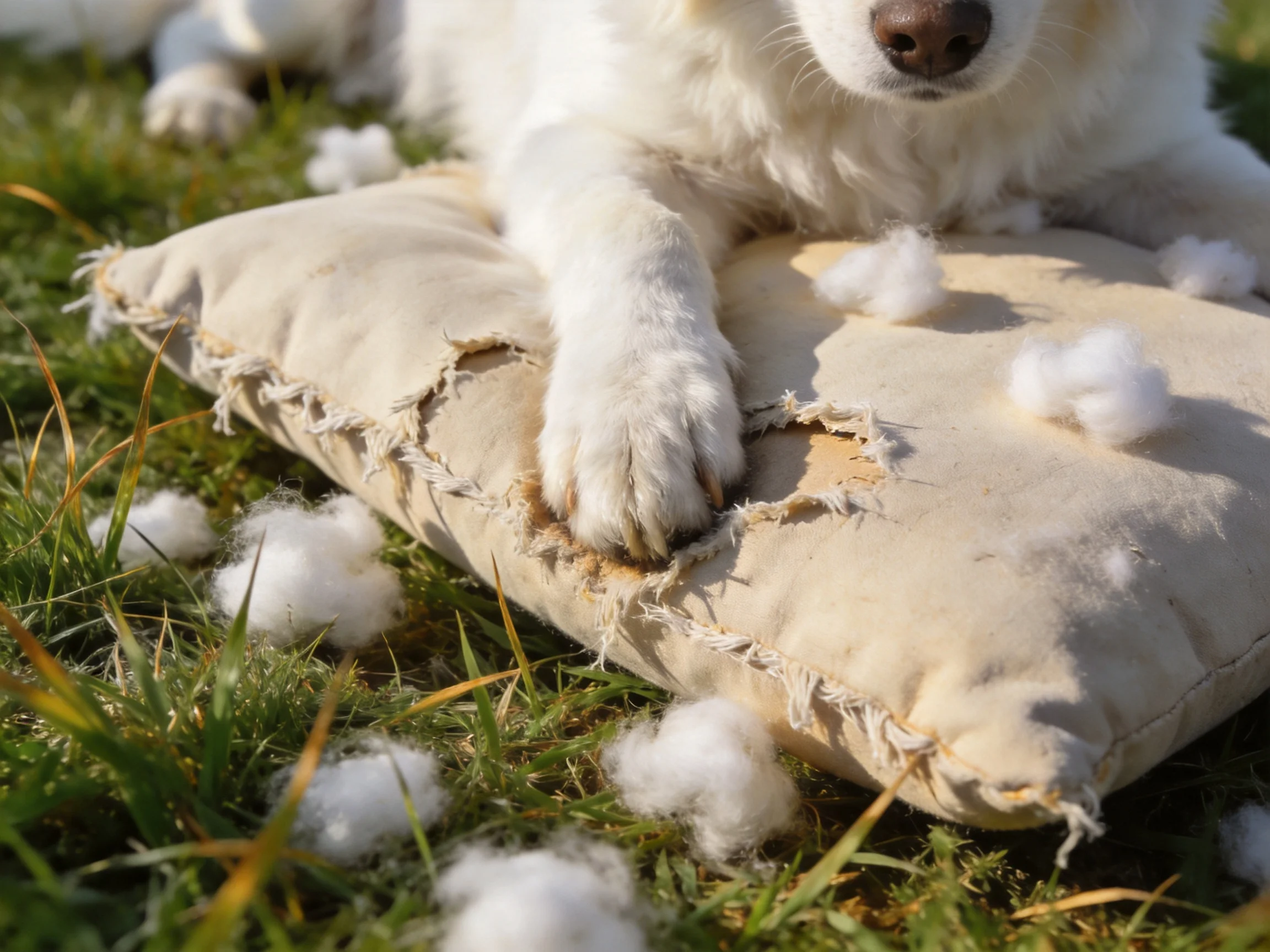 A white dog rests on a damaged pillow surrounded by loose stuffing in a grassy setting.