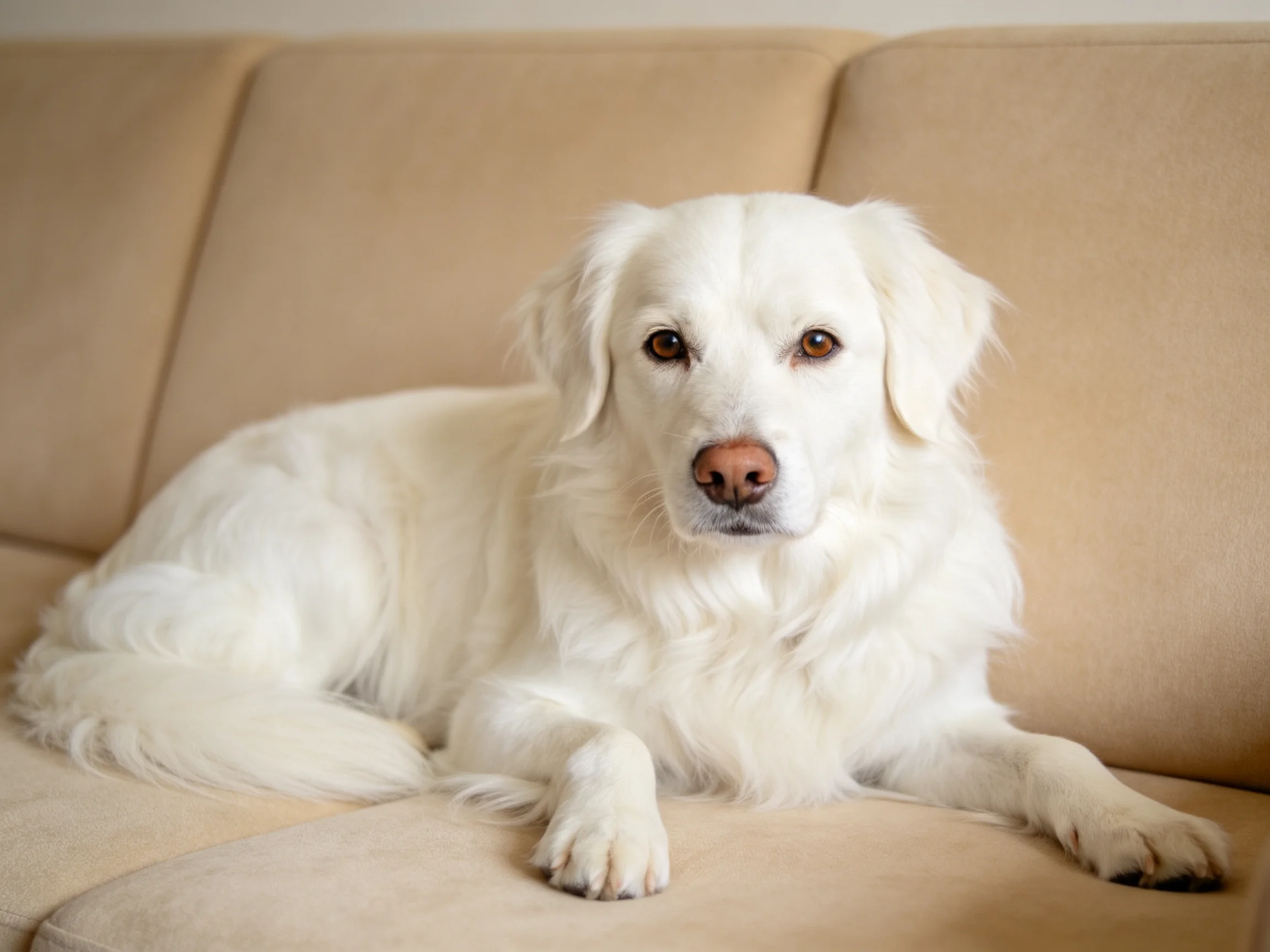 A white dog lounges on a beige sofa with thick, fluffy fur.