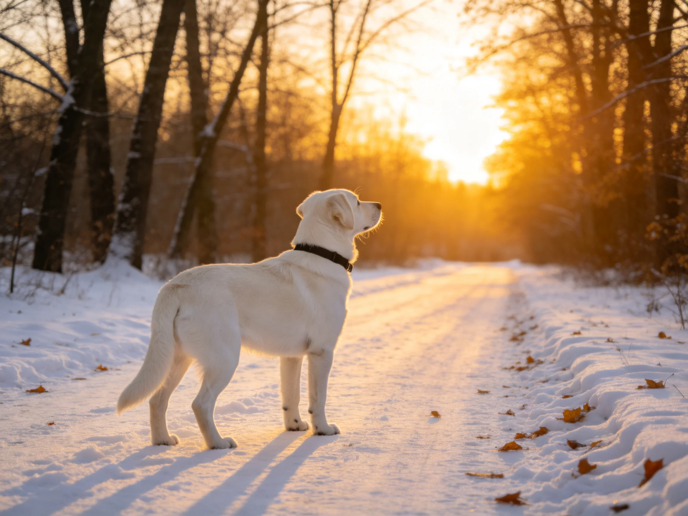 A white dog stands on a snow-covered path amid golden sunlight.