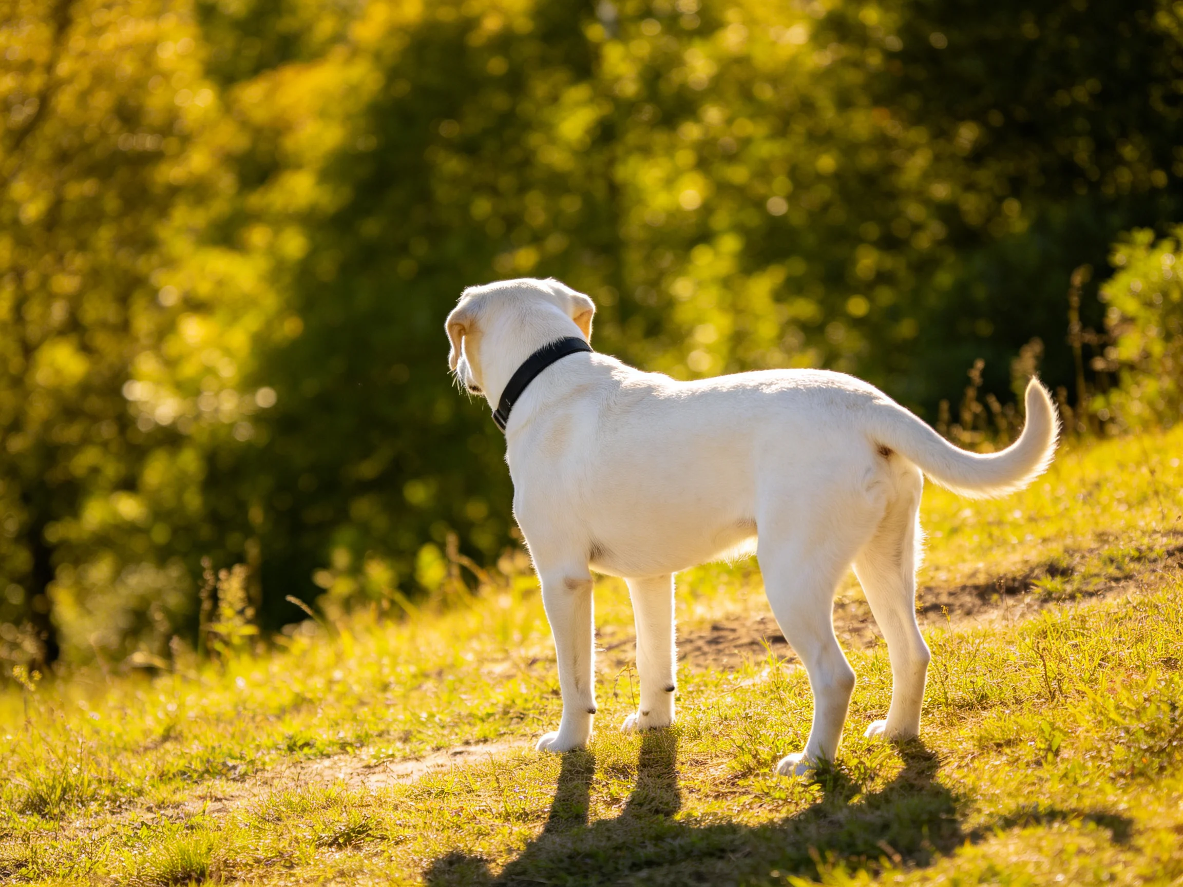 A white dog stands on a sunlit grassy area near trees.