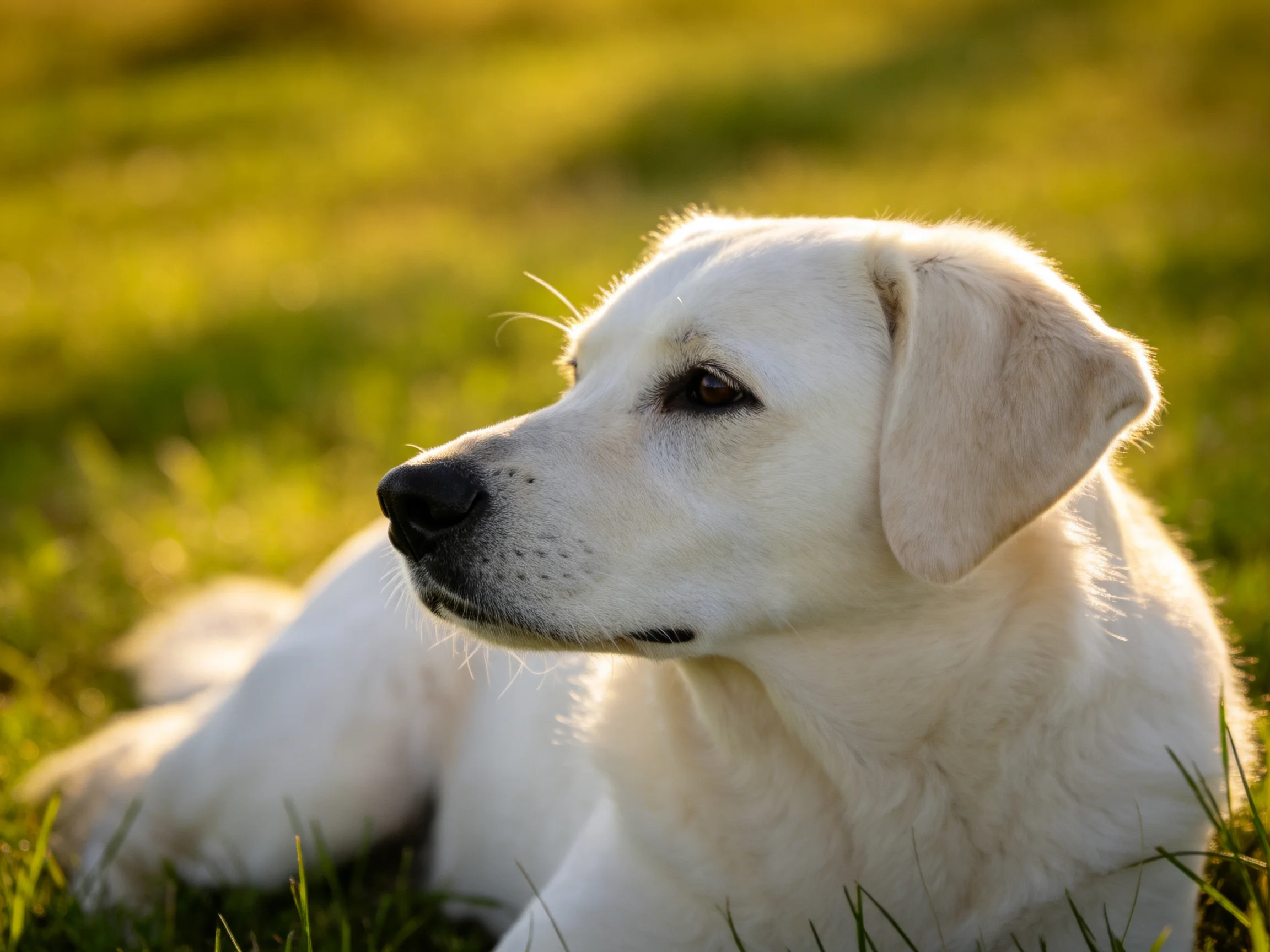 A white dog relaxes on green grass under golden sunlight