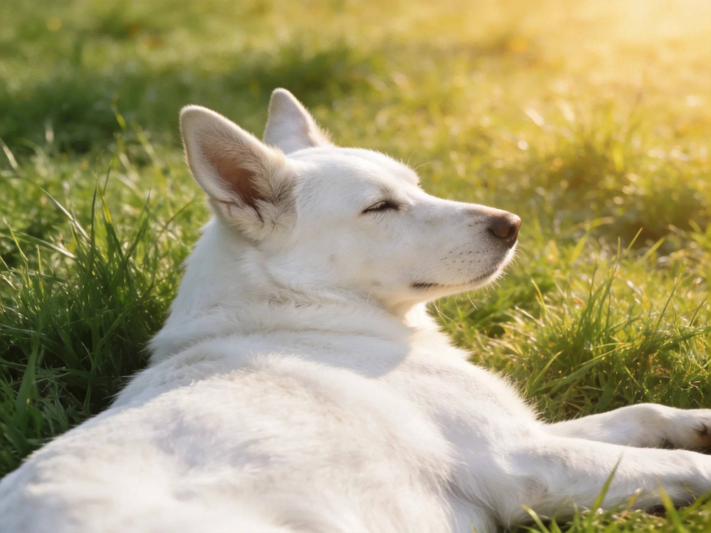 A white dog rests on grass in a sunlit setting.