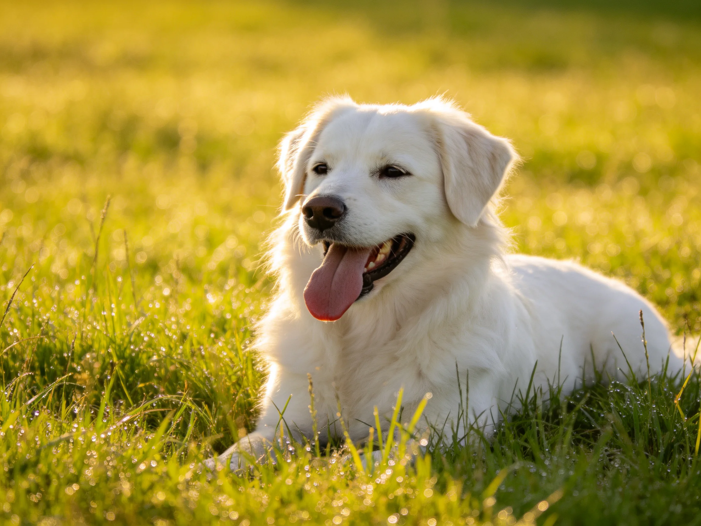 A white dog enjoys resting on grass in bright sunlight.