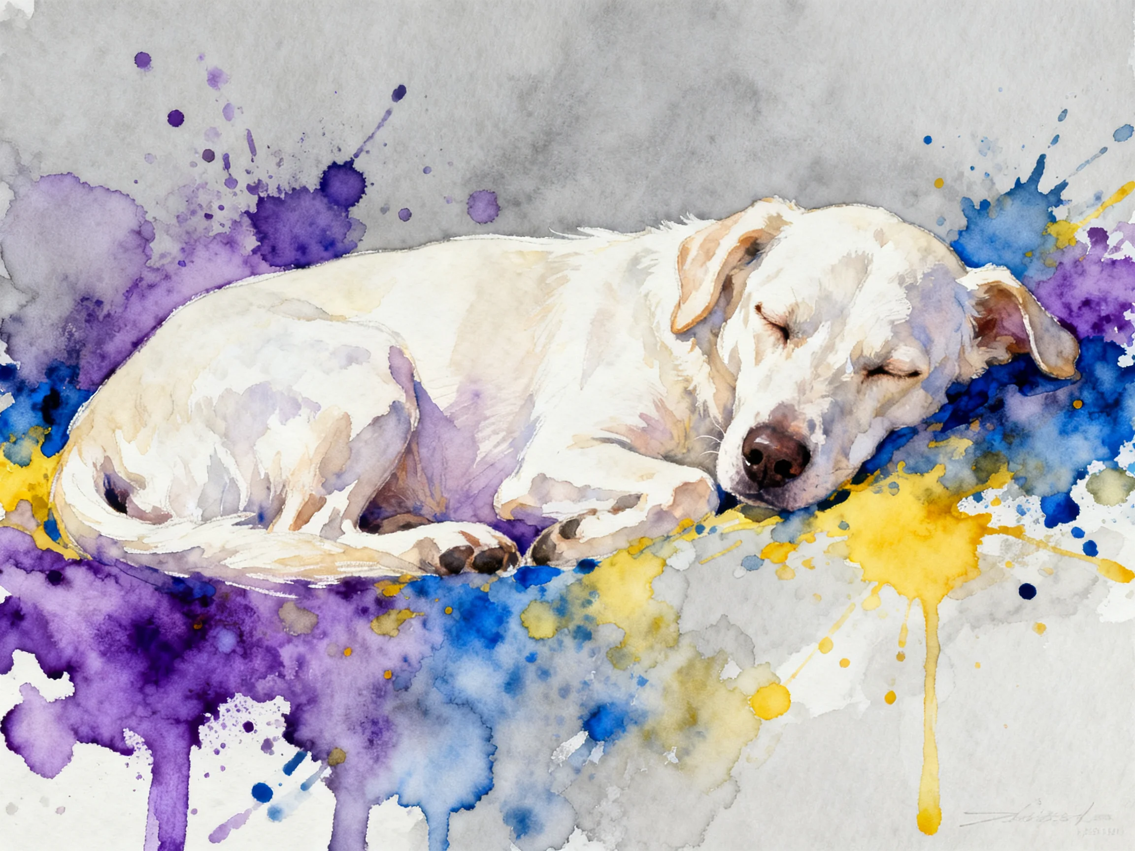 A white dog sleeps peacefully amid colorful watercolor splashes.