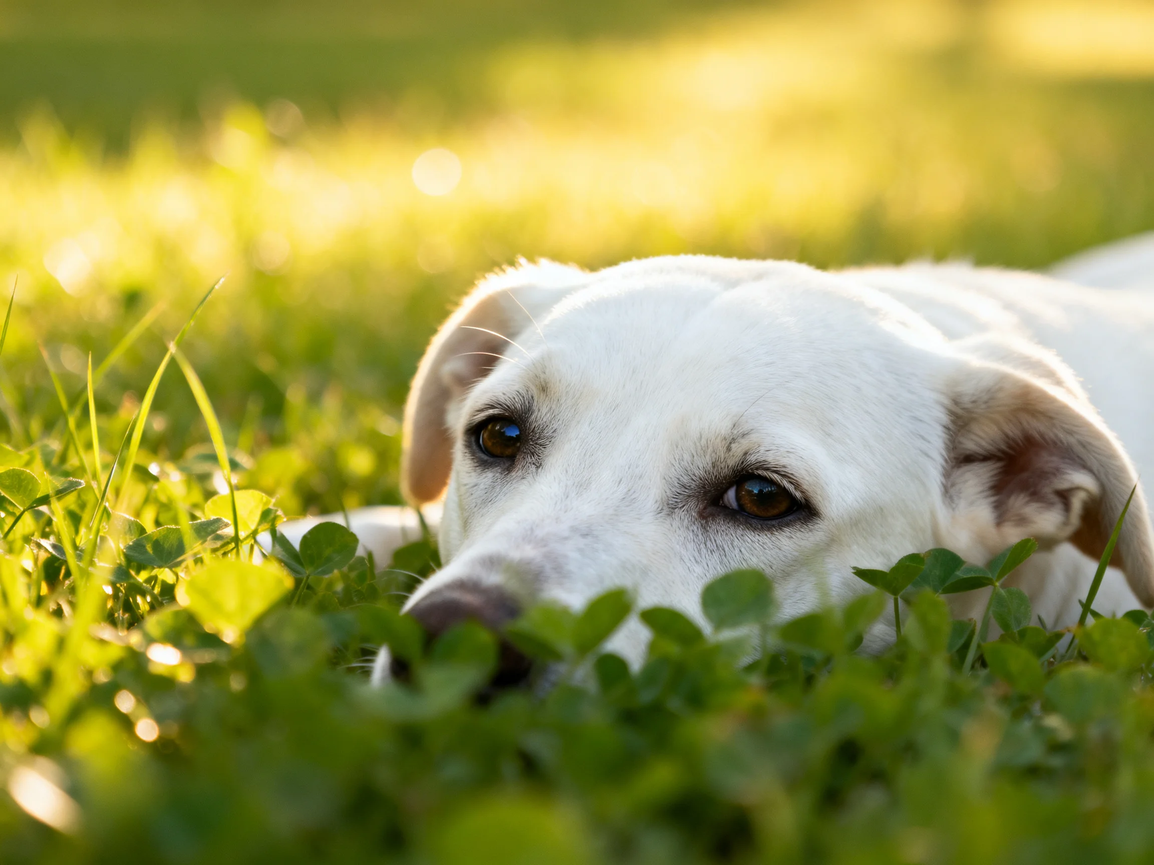 A white dog rests among greenery in a sunlit outdoor setting.
